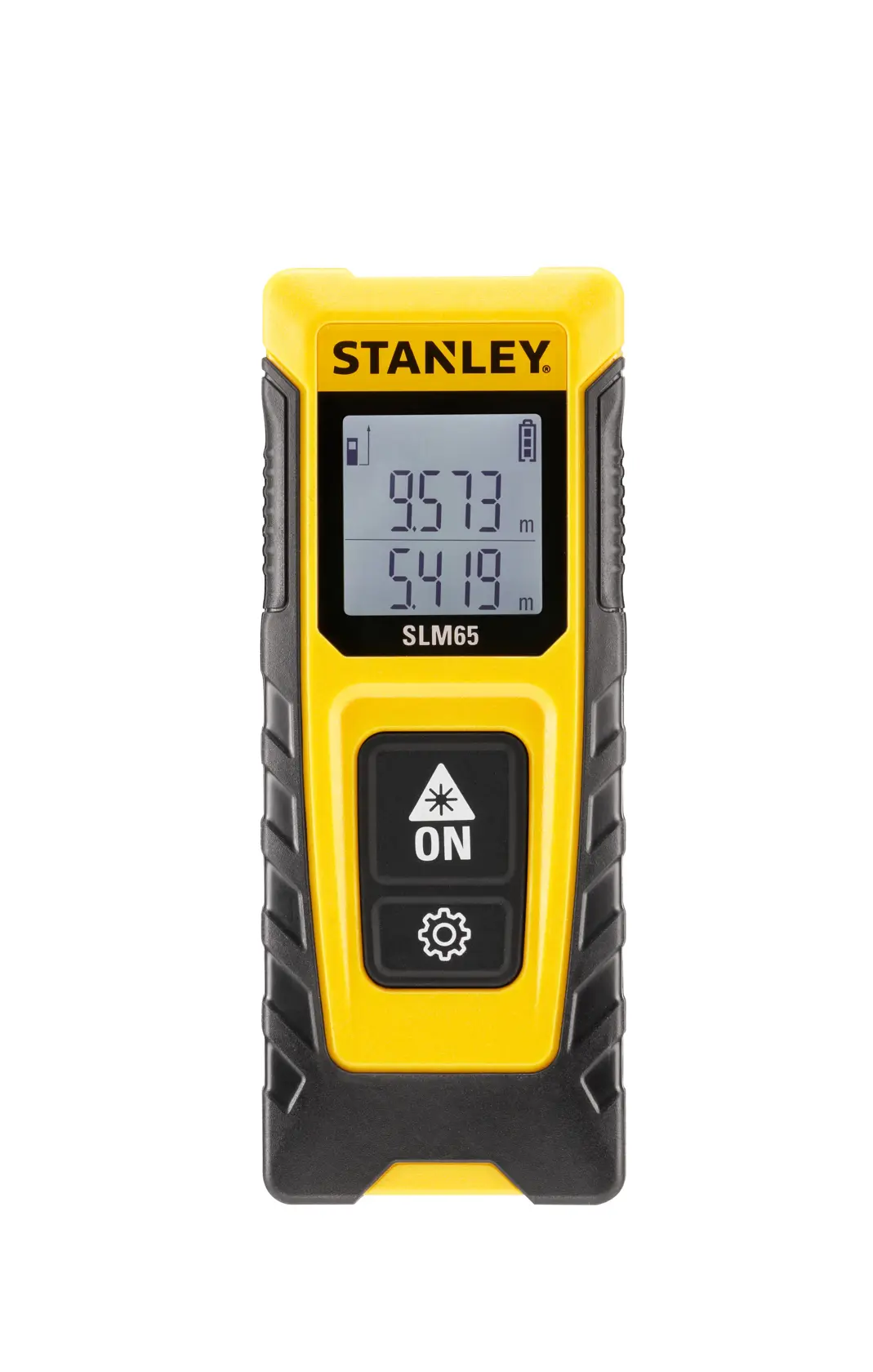 Foto des STANLEY STHT77065-0 Laser-Entfernungsmessers im Einsatz, misst Holzständer auf einer Baustelle.