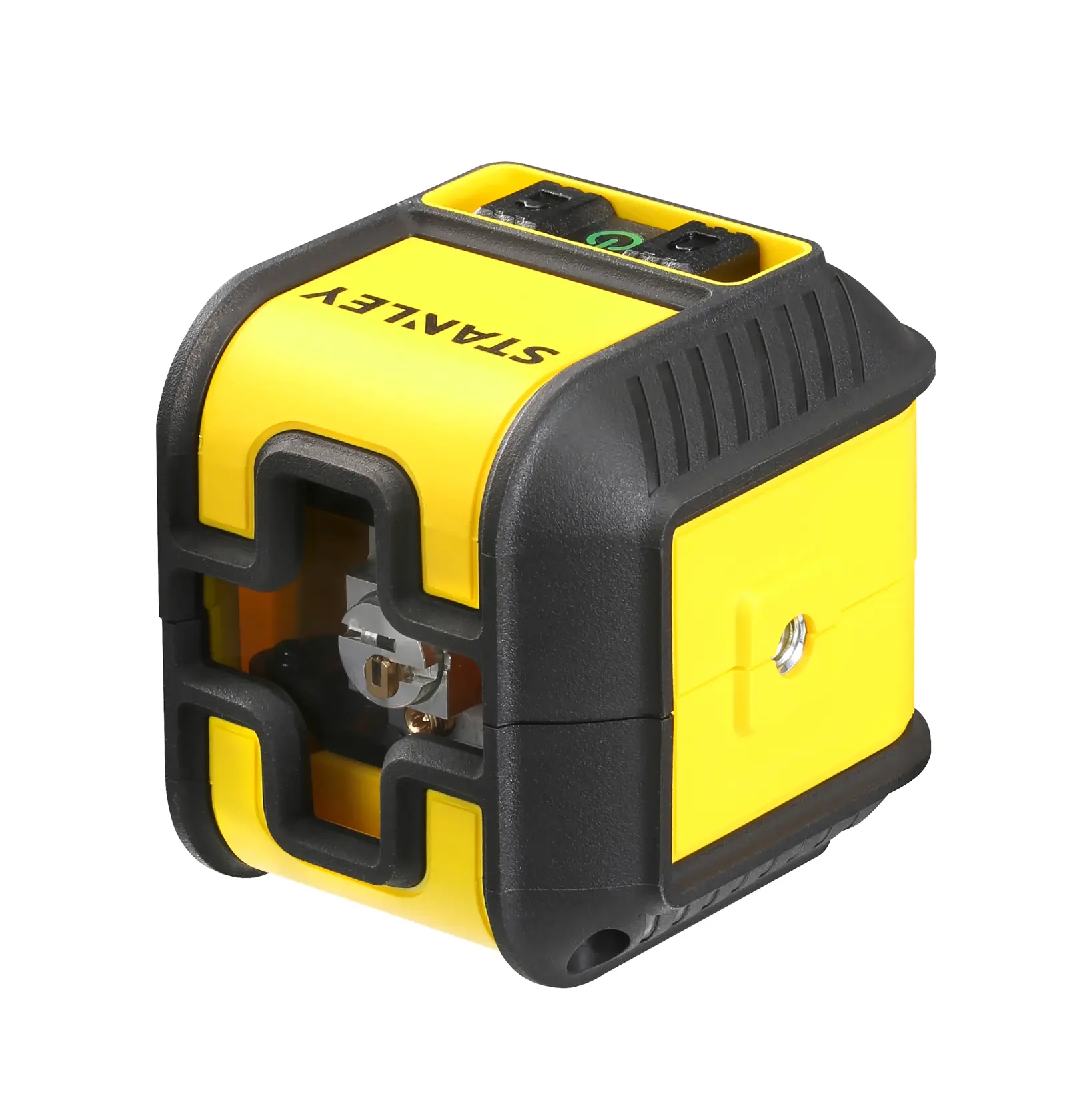 STANLEY STHT77499-1 gelb-schwarzer Laser-Nivellierer, schräge Ansicht, kompaktes Würfelformat.