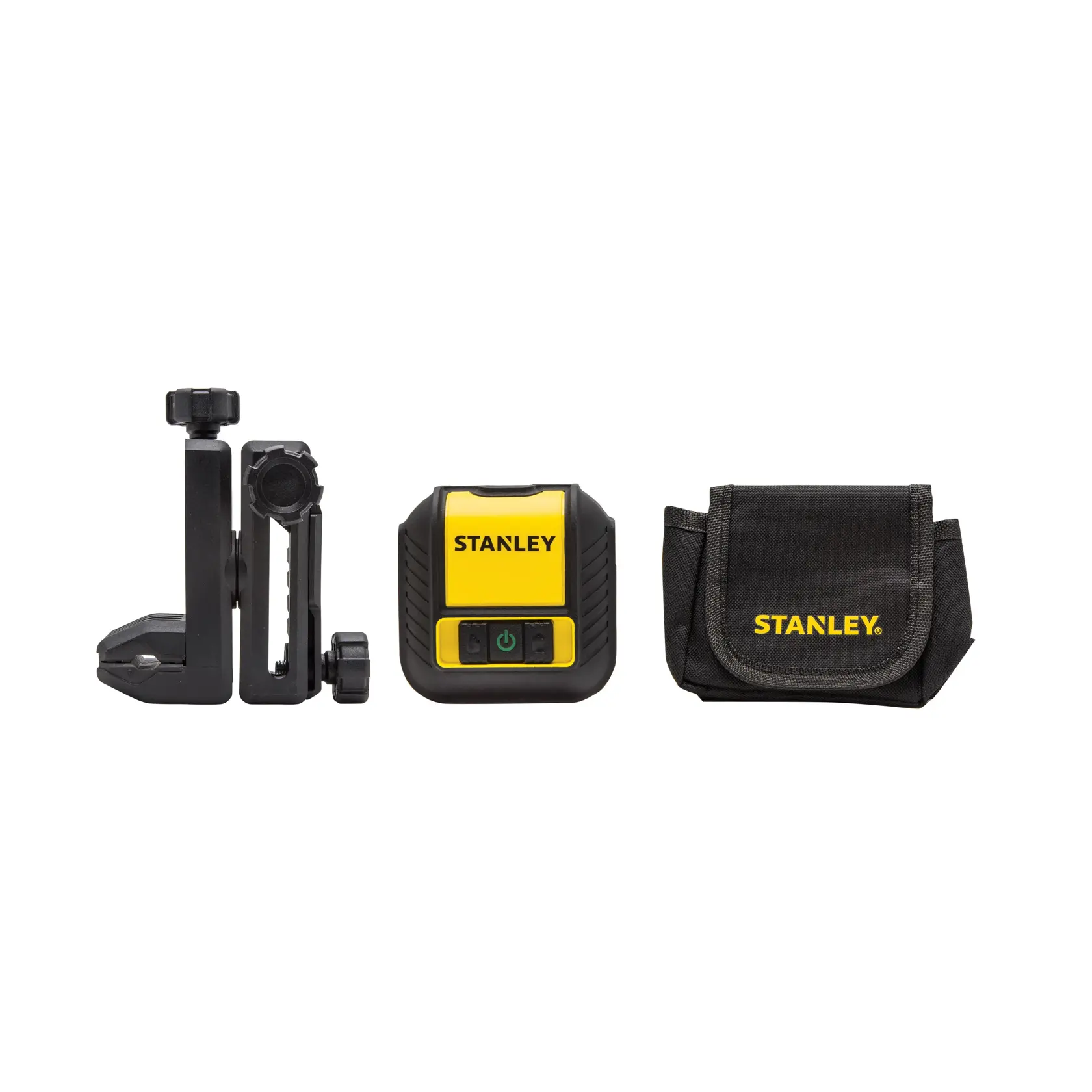 Foto vom STANLEY STHT77499-1 gelb-schwarzen Laser-Level-Set mit Halterung und Tasche, Vorderansicht.