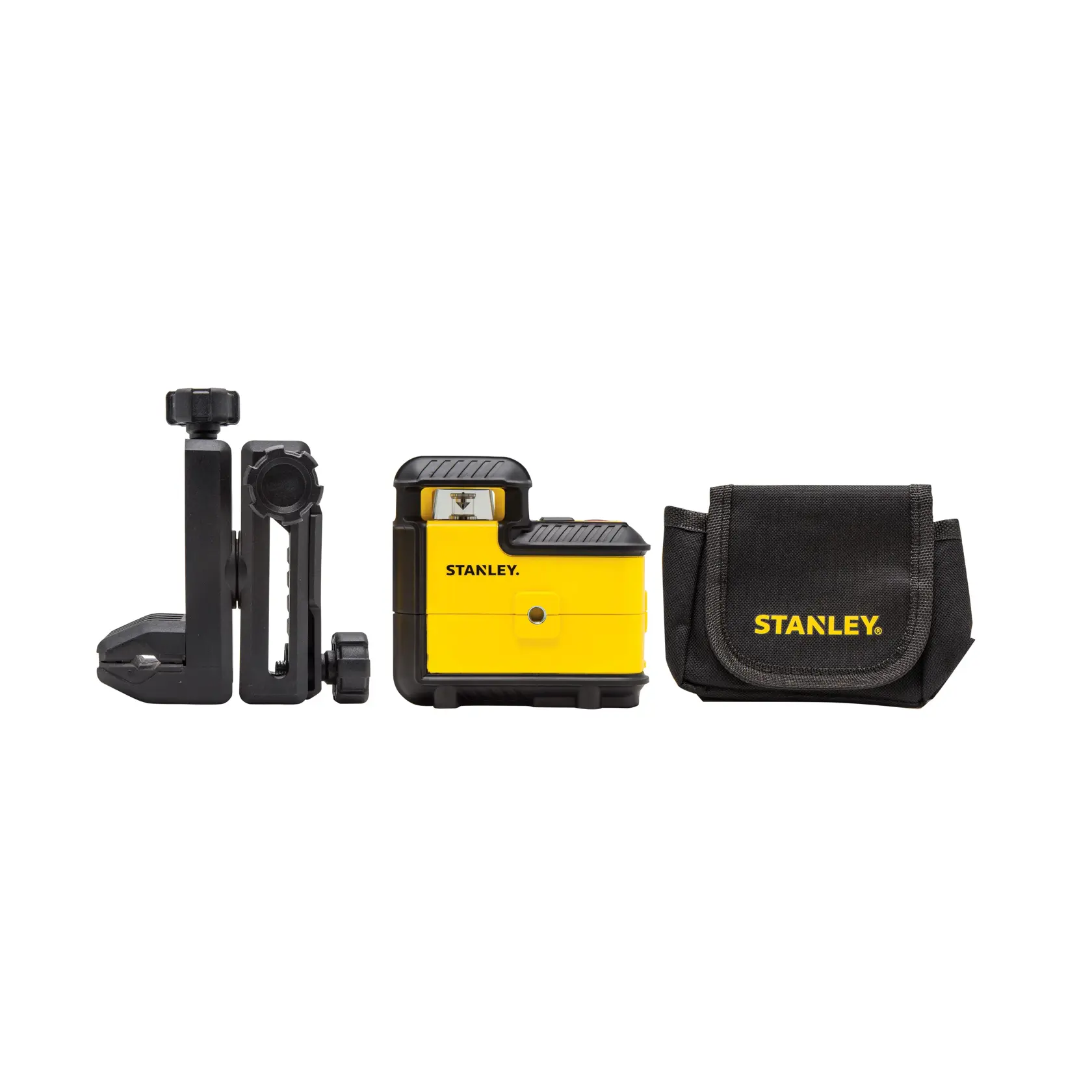 Stanley Laser-Nivelliergerät mit Halterung und Tasche, nebeneinander auf weißem Hintergrund gezeigt.