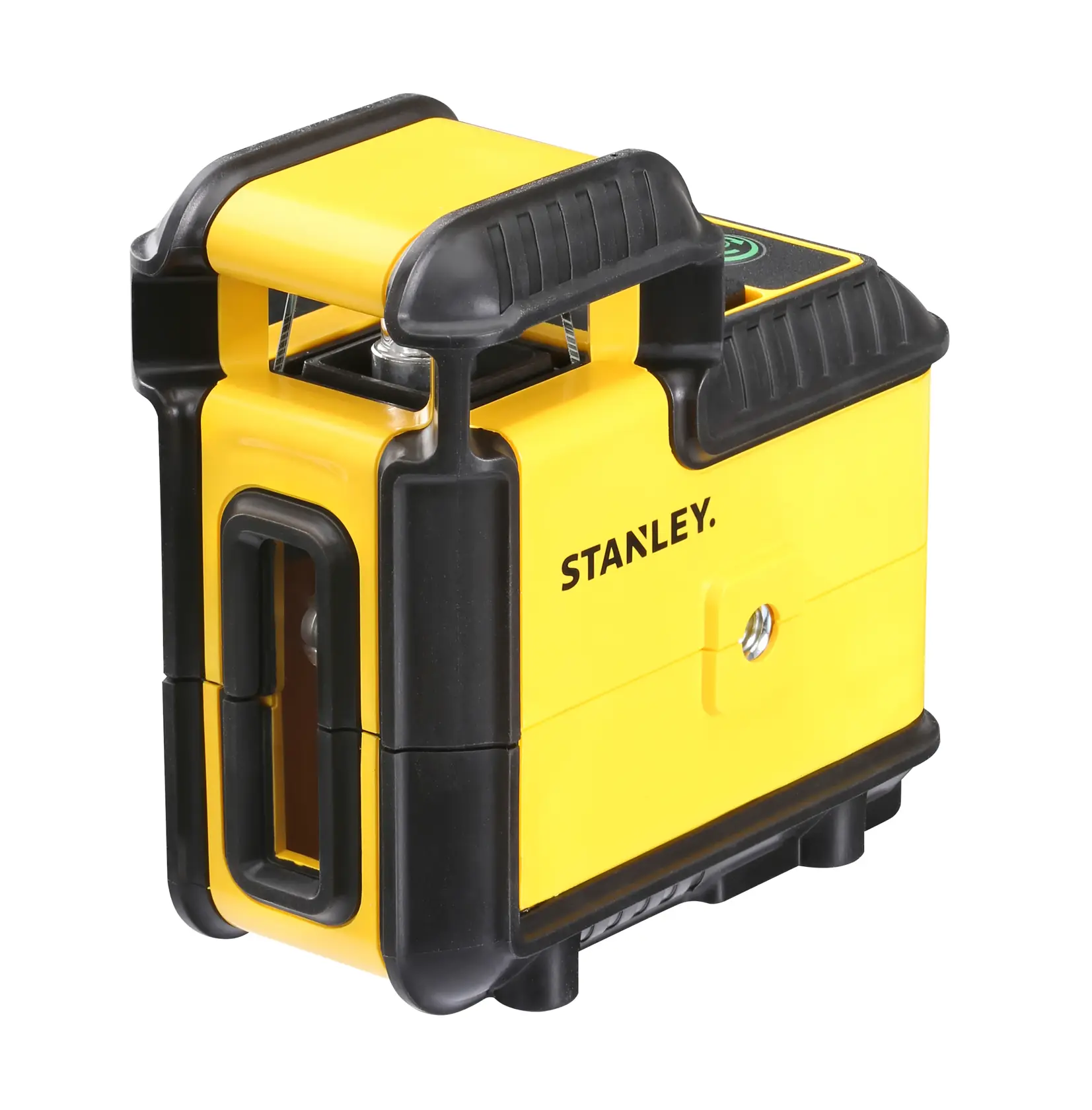 Gelbes und schwarzes Stanley-Laser-Nivelliergerät, kompakt und robust für genaue Ausrichtung in Fotografie.