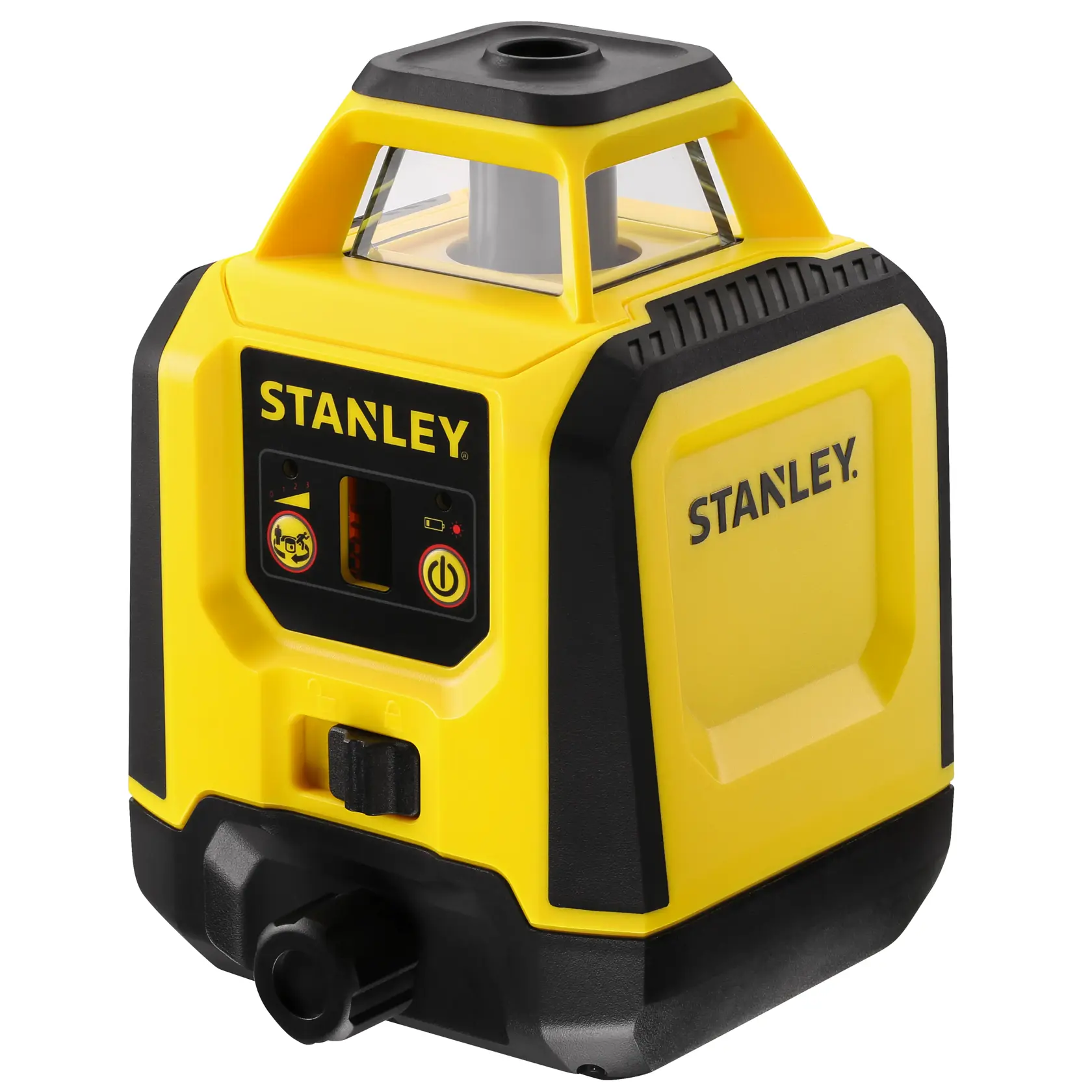 STANLEY STHT77616-0 yellow and black rotary laser level, front angled view, clear controls, rugged design.