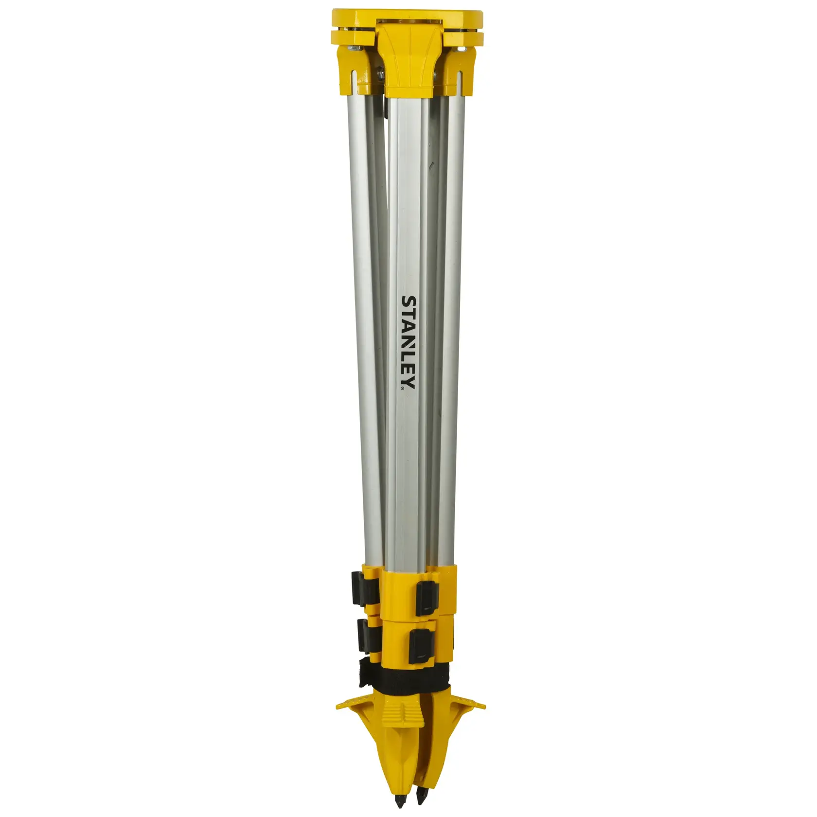 STANLEY STHT77625-1 aluminum tripod for photography, folded, front angle on white background.