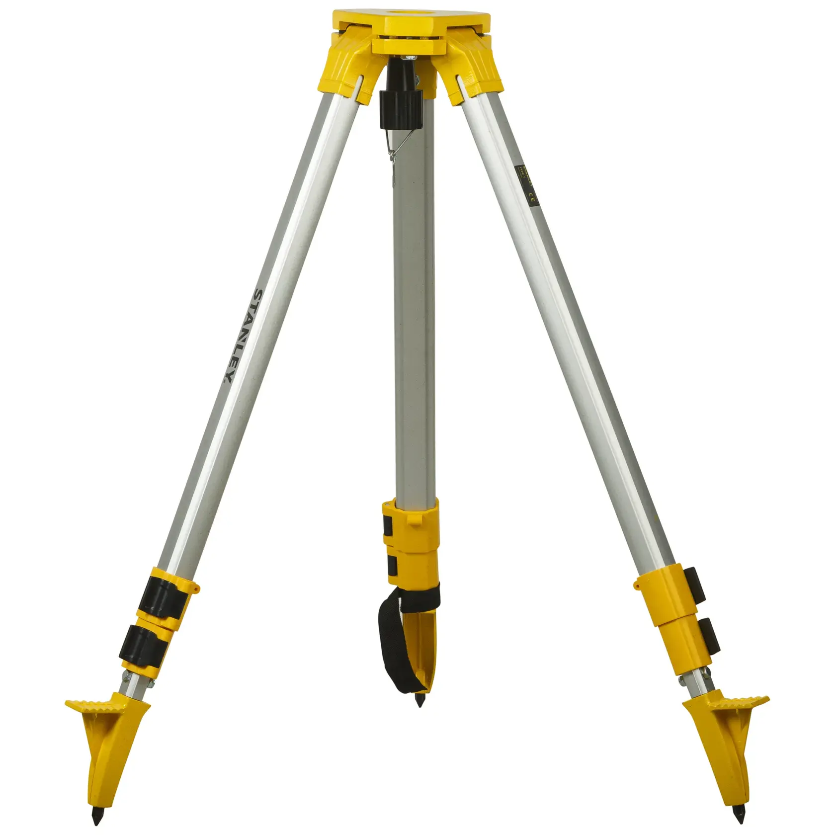 STANLEY STHT77625-1 aluminum tripod with yellow clamps, front angle, used for photography equipment support.