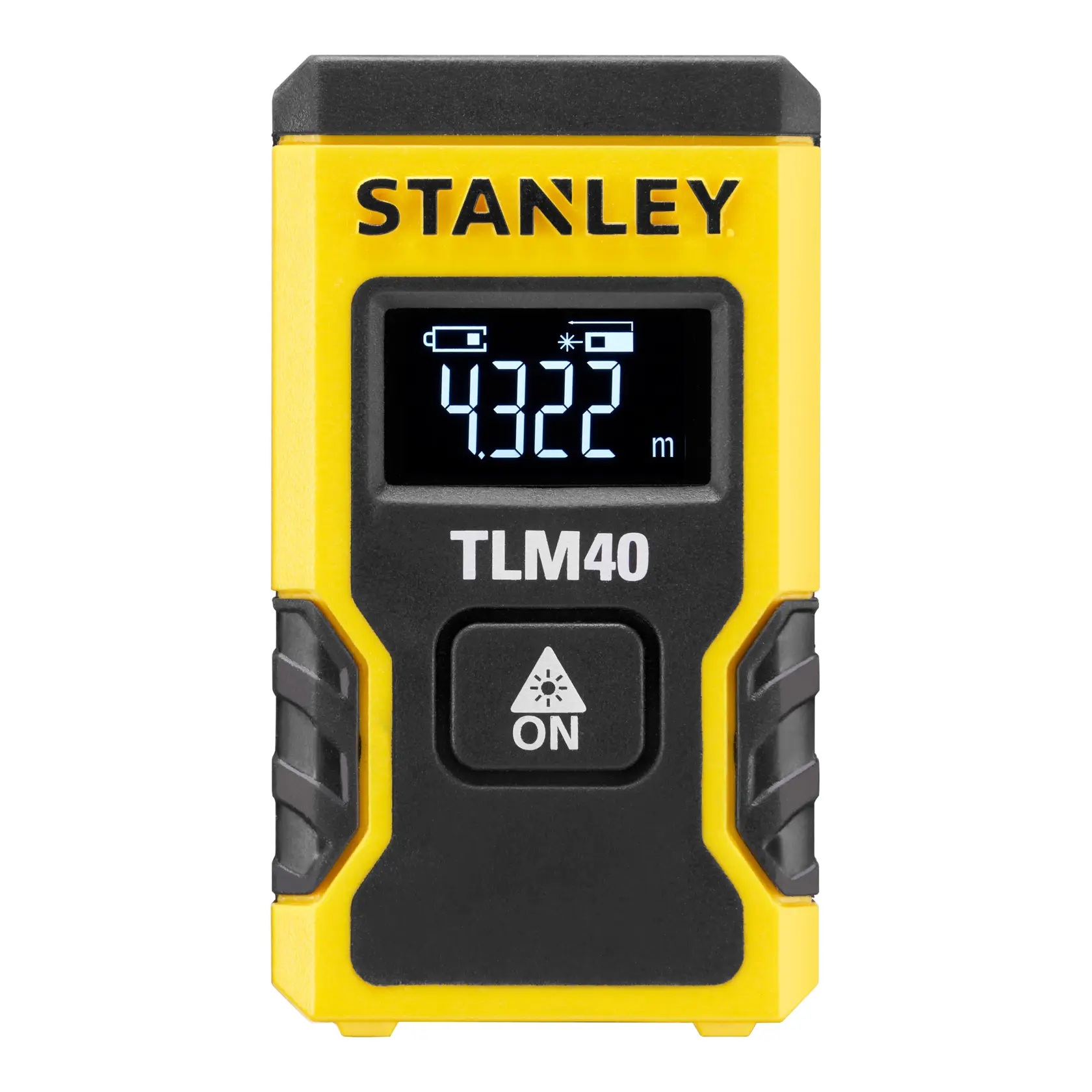 STANLEY STHT77666-0 Laser-Entfernungsmesser Frontansicht mit Digitalanzeige und gelb-schwarzem Gehäuse.