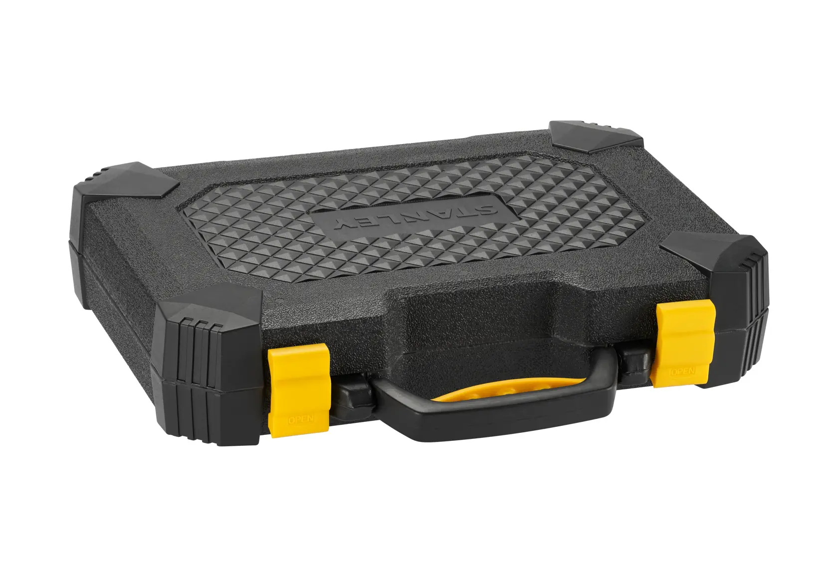 STANLEY STHT78050-1 black hard tool case with yellow latches, photography, front angle on white background.