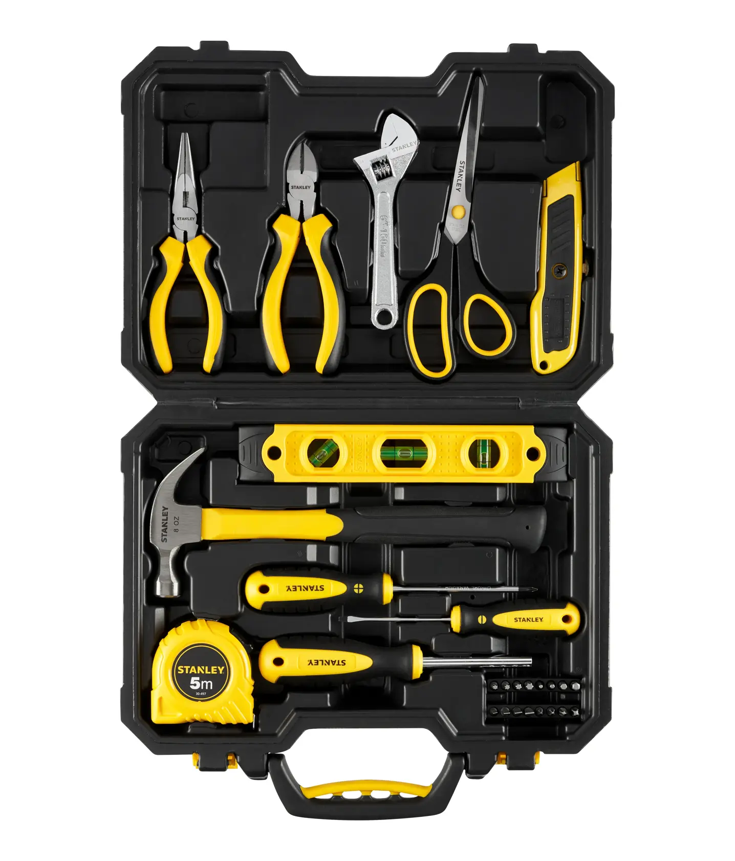 STANLEY STHT78050-1 tool kit photography, yellow and black tools in hard case, top angle.
