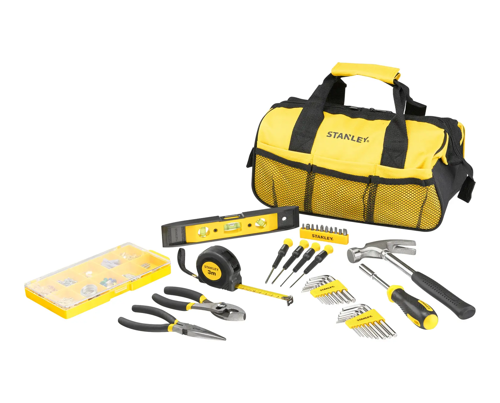 STANLEY STMT0-74101 tool kit with yellow-black bag, assorted hand tools, tape measure, and hardware, front angle.