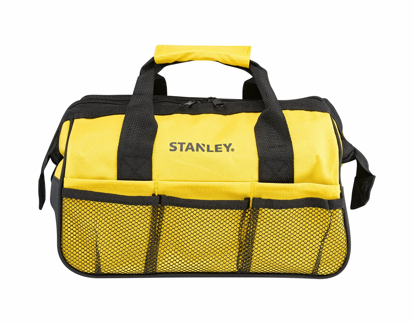 STANLEY STMT0-74101 tool bag, yellow and black, front angle, mesh pockets and handles visible.