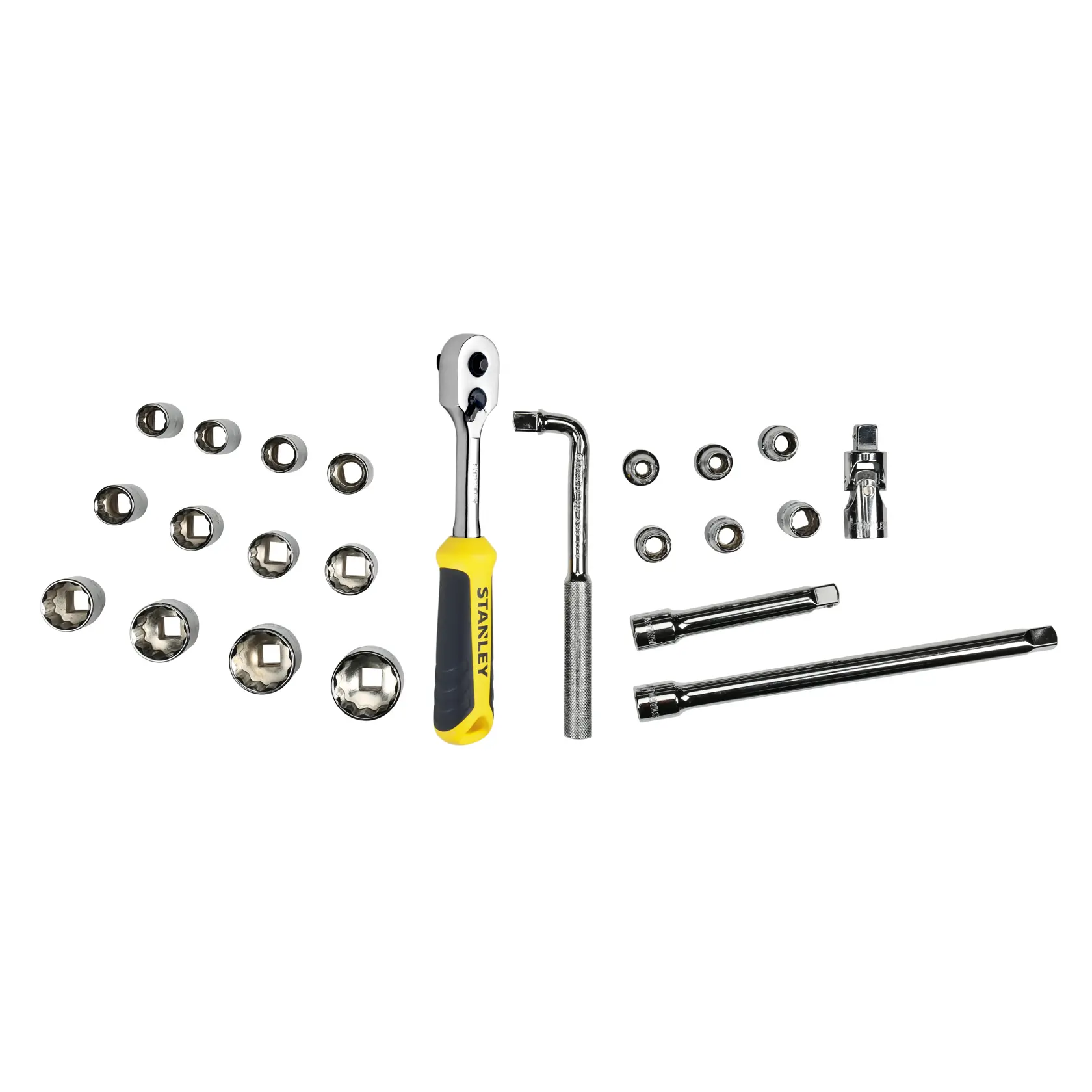 STANLEY STMT1-74173 socket set with ratchet, extensions, sockets, and accessories, flat lay photo.