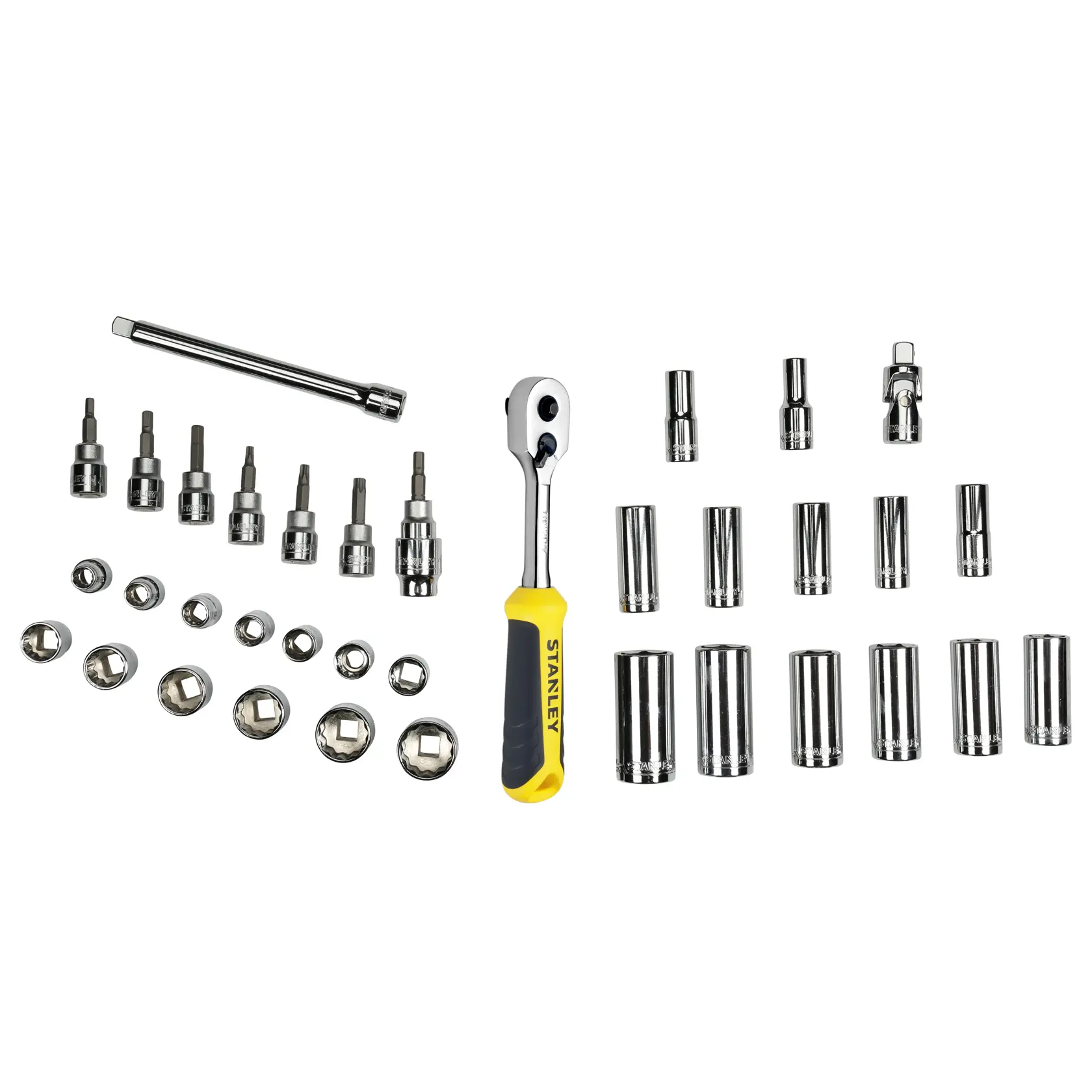 Stanley ratchet and socket set with bits, extension bar, and multiple chrome sockets arranged on white background.