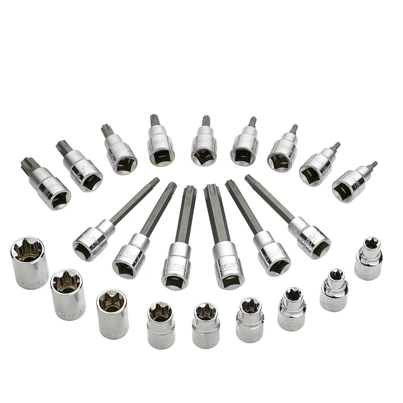 STANLEY STMT1-74176 socket bit set photography, chrome finish, top angle on white background.