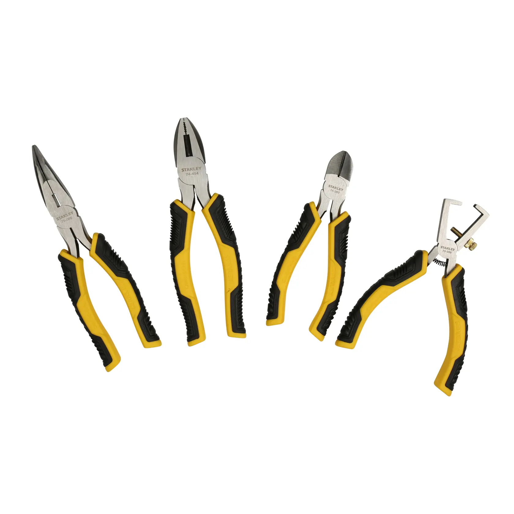 Stanley STMT1-74179 plier set with yellow and black handles, photography on white background.