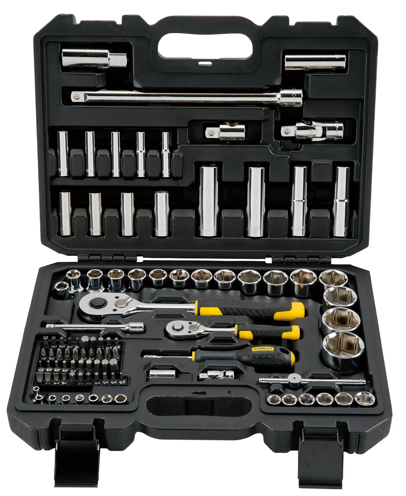 Stanley socket and ratchet tool set in a black case, containing various sockets, bits and drivers for mechanical use.