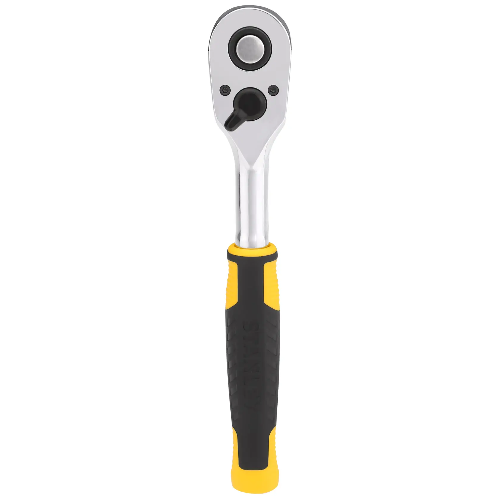 STANLEY STMT82664-0 ratchet wrench with black and yellow handle, front angle, tool photography.