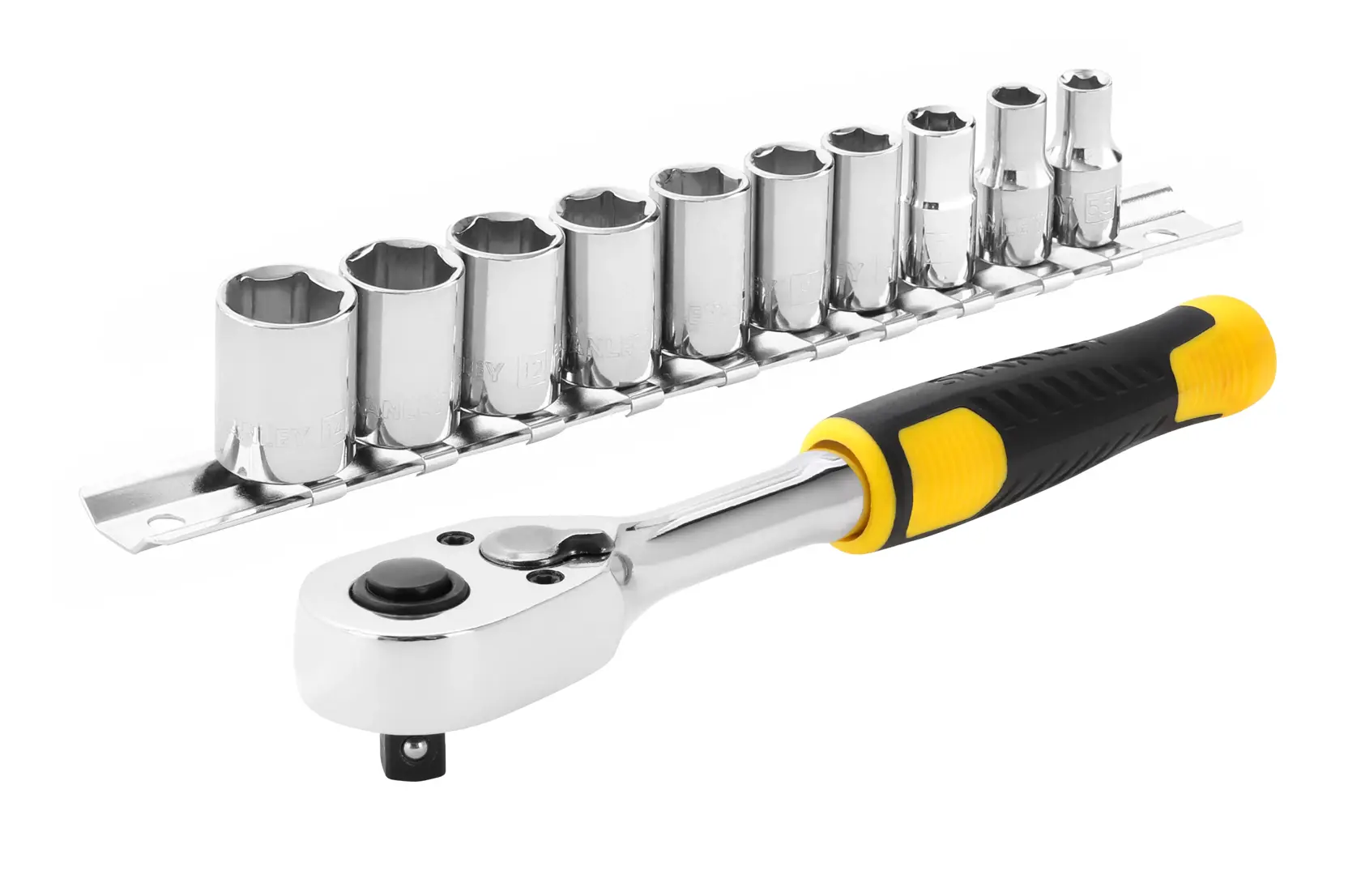 Photo of STANLEY STMT82666-0 ratchet and socket set, black and yellow handle, front angle.