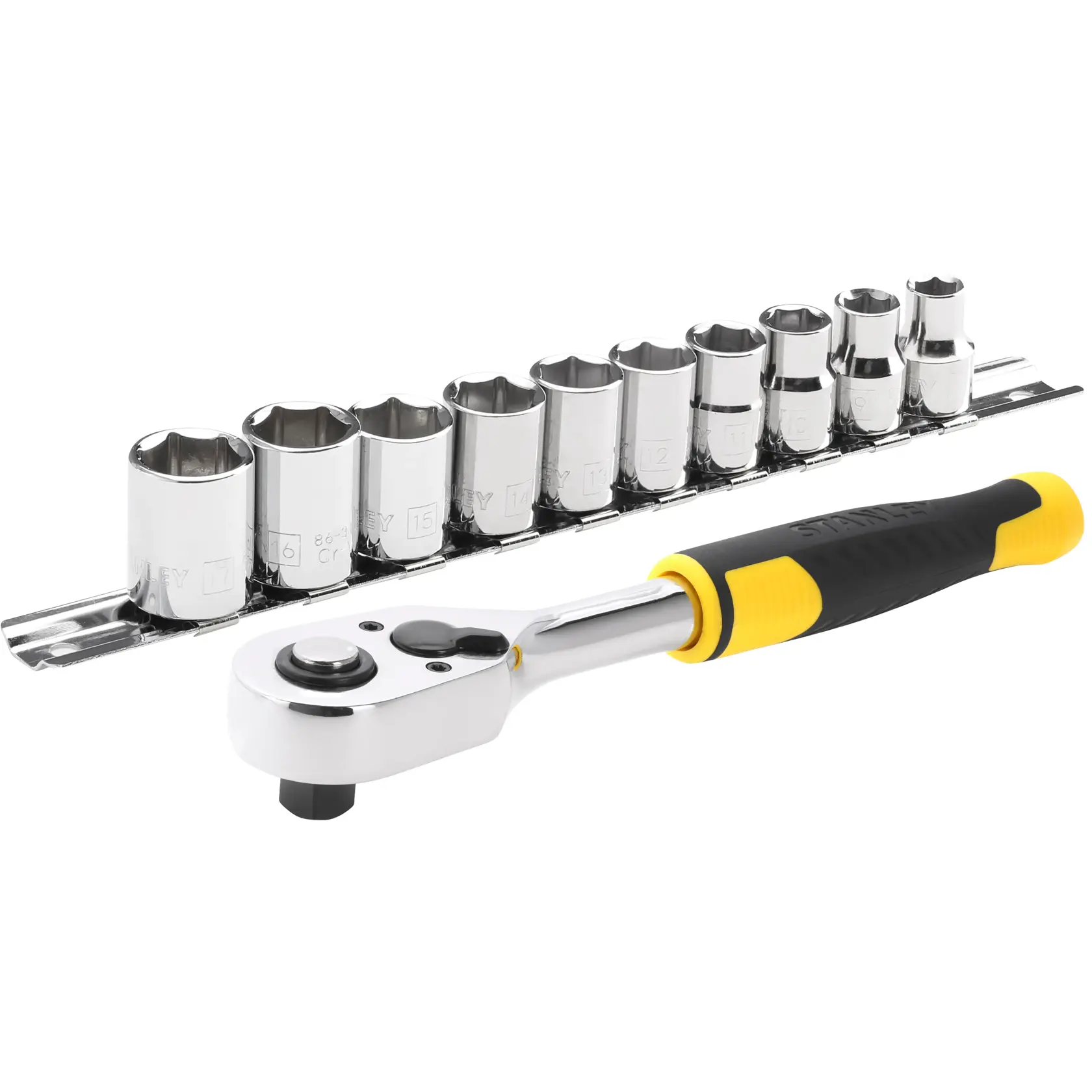 STANLEY STMT82670-0 ratchet and socket set with black and yellow handle, chrome sockets, white background.