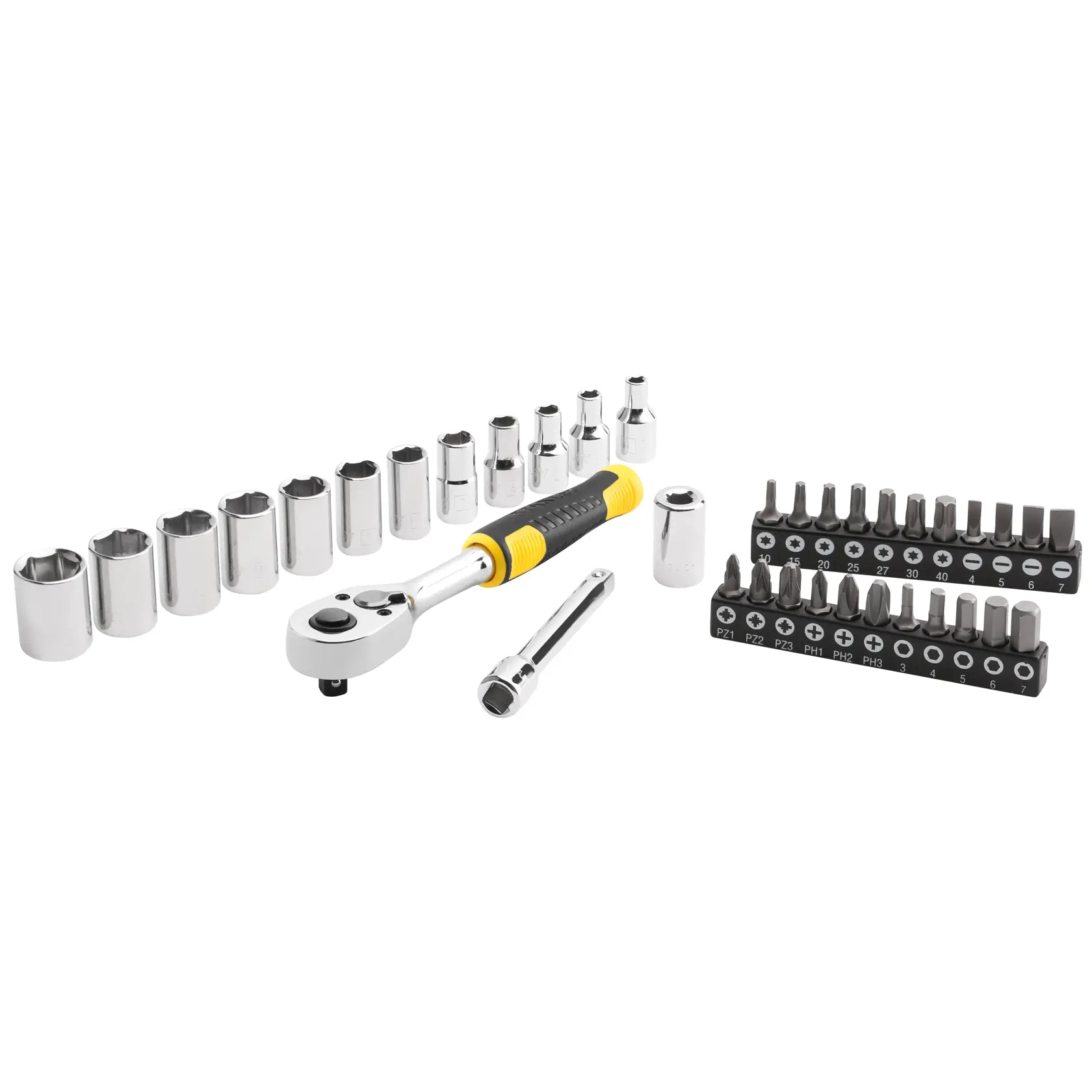 STANLEY STMT82672-0 Steck- und Bit-Set mit Ratschengriff, verchromten Stecknüssen, Bits und Verlängerung auf weißem Hintergrund.