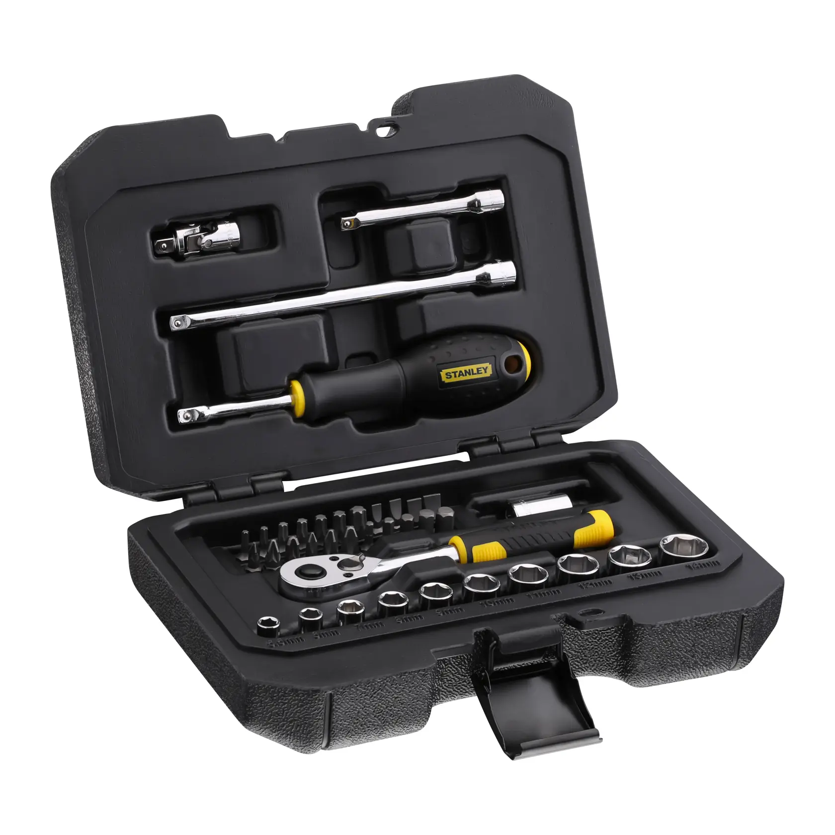 STANLEY STMT82828-1 socket and ratchet set in black hard case, shown from angled side view.