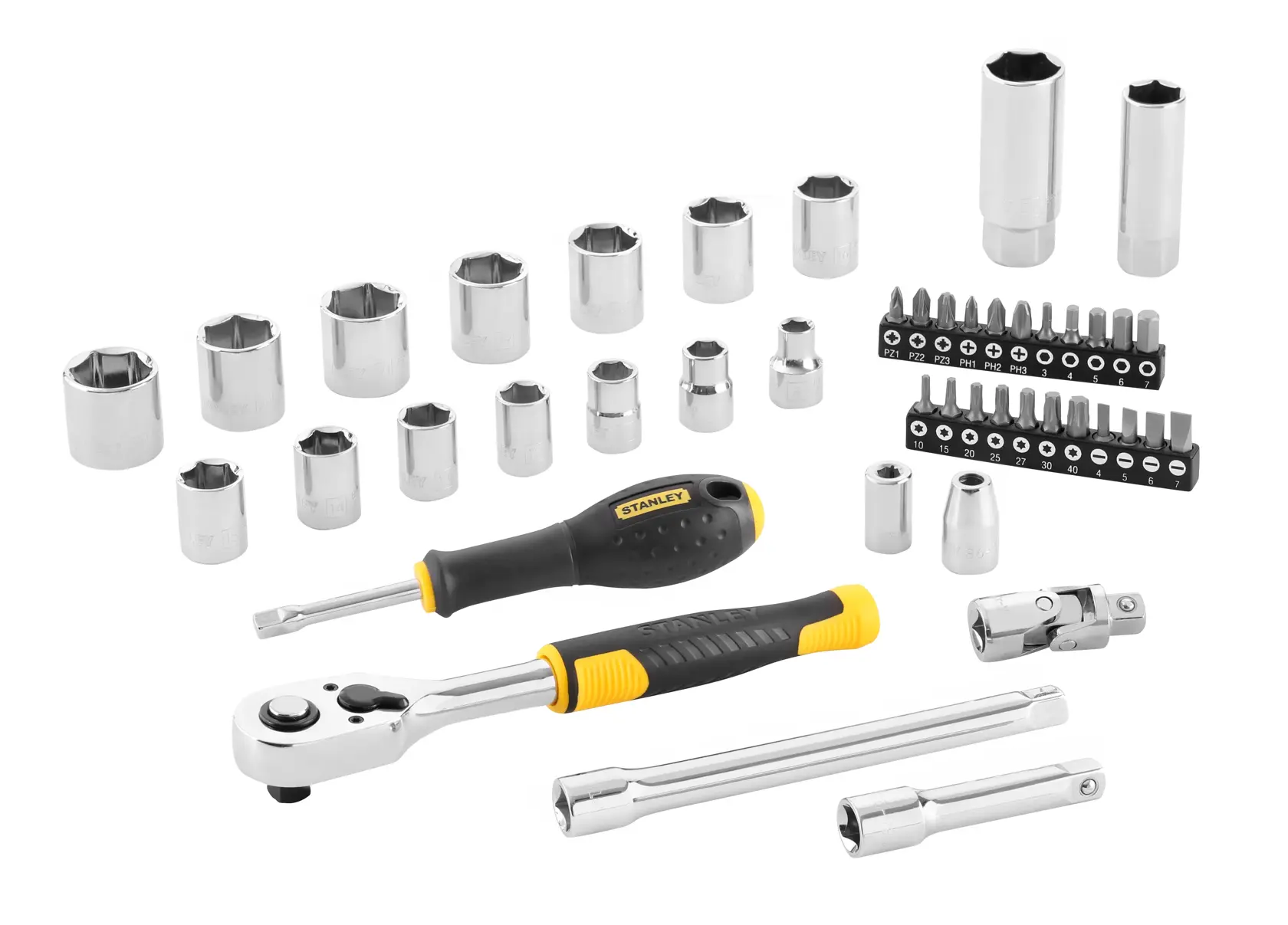 STANLEY STMT82829-1 socket and screwdriver set with bits, photo on white background.