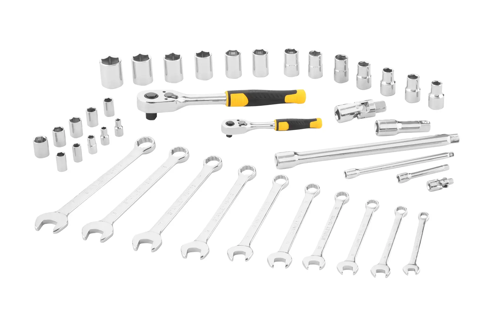 Stanley STMT82832-1 mechanic tool set with ratchets, sockets, and wrenches, front angle on white background.
