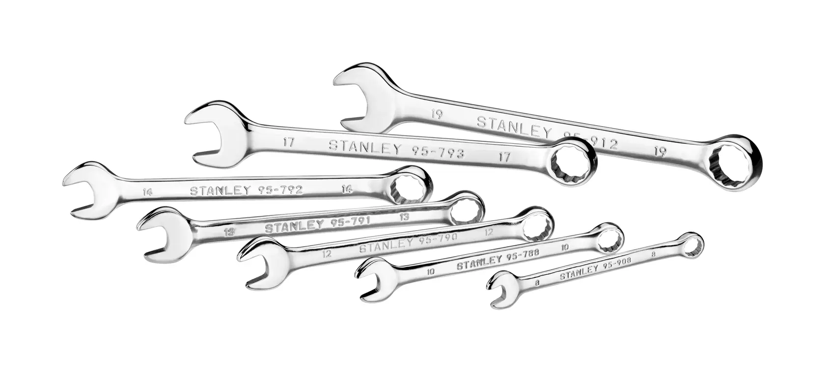 STANLEY STMT82842-0 spanner set, seven chrome combination wrenches, front angle on white background.