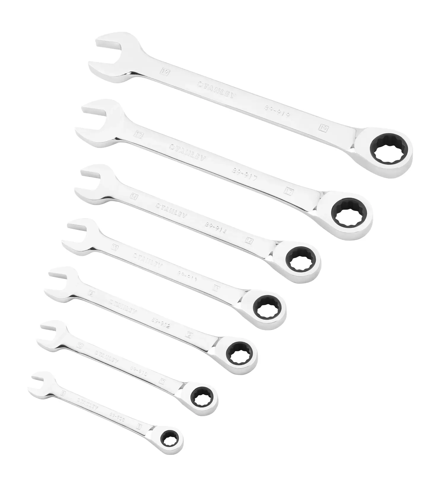 STANLEY STMT82846-0 ratcheting combination wrench set, seven silver wrenches, top view, white background.