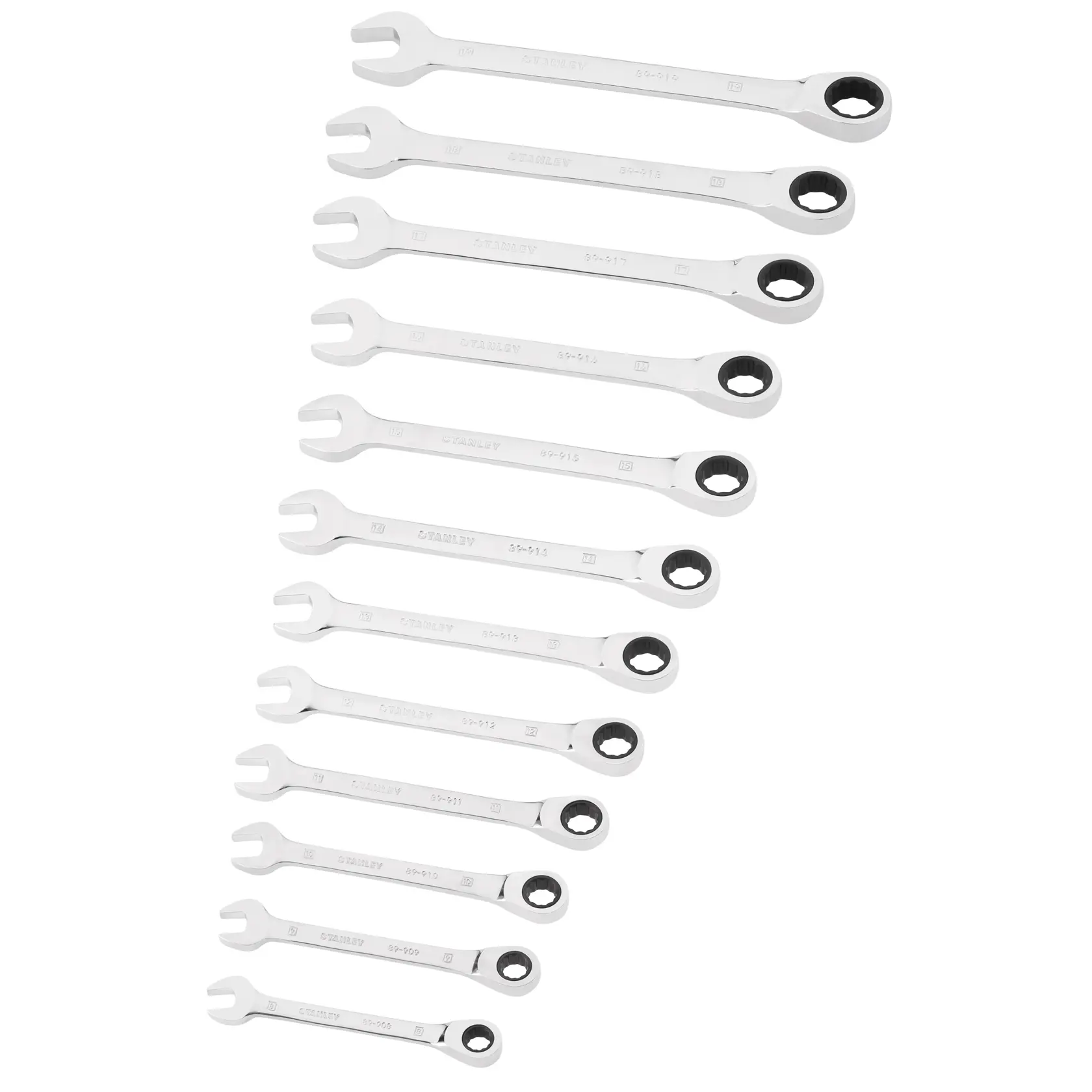STANLEY STMT82847-0 ratcheting spanner set, silver finish, front angle, twelve pieces arranged in size order.