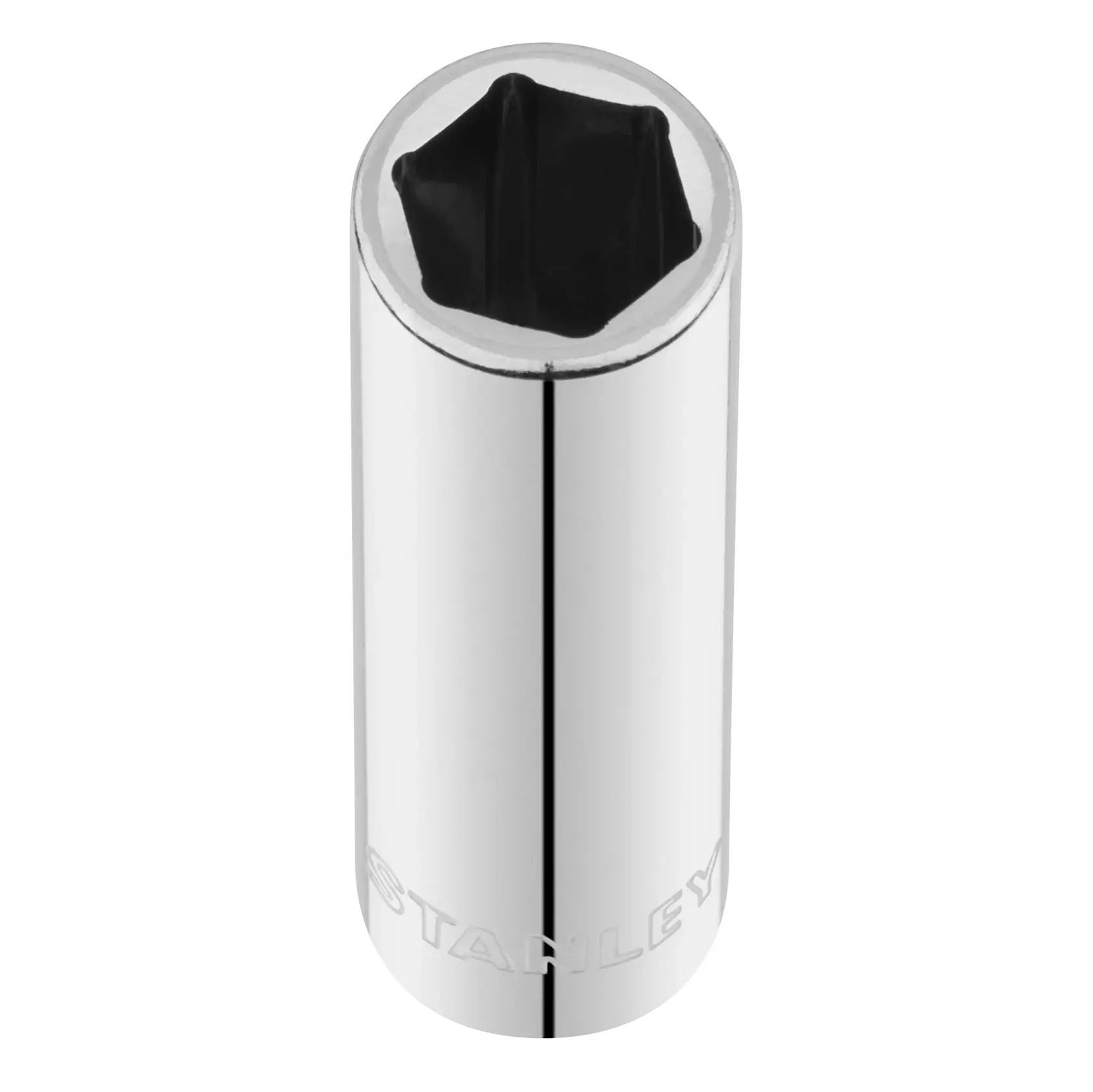 STANLEY STMT86098-0 chrome socket tool, vertical angle, embossed logo, white background.