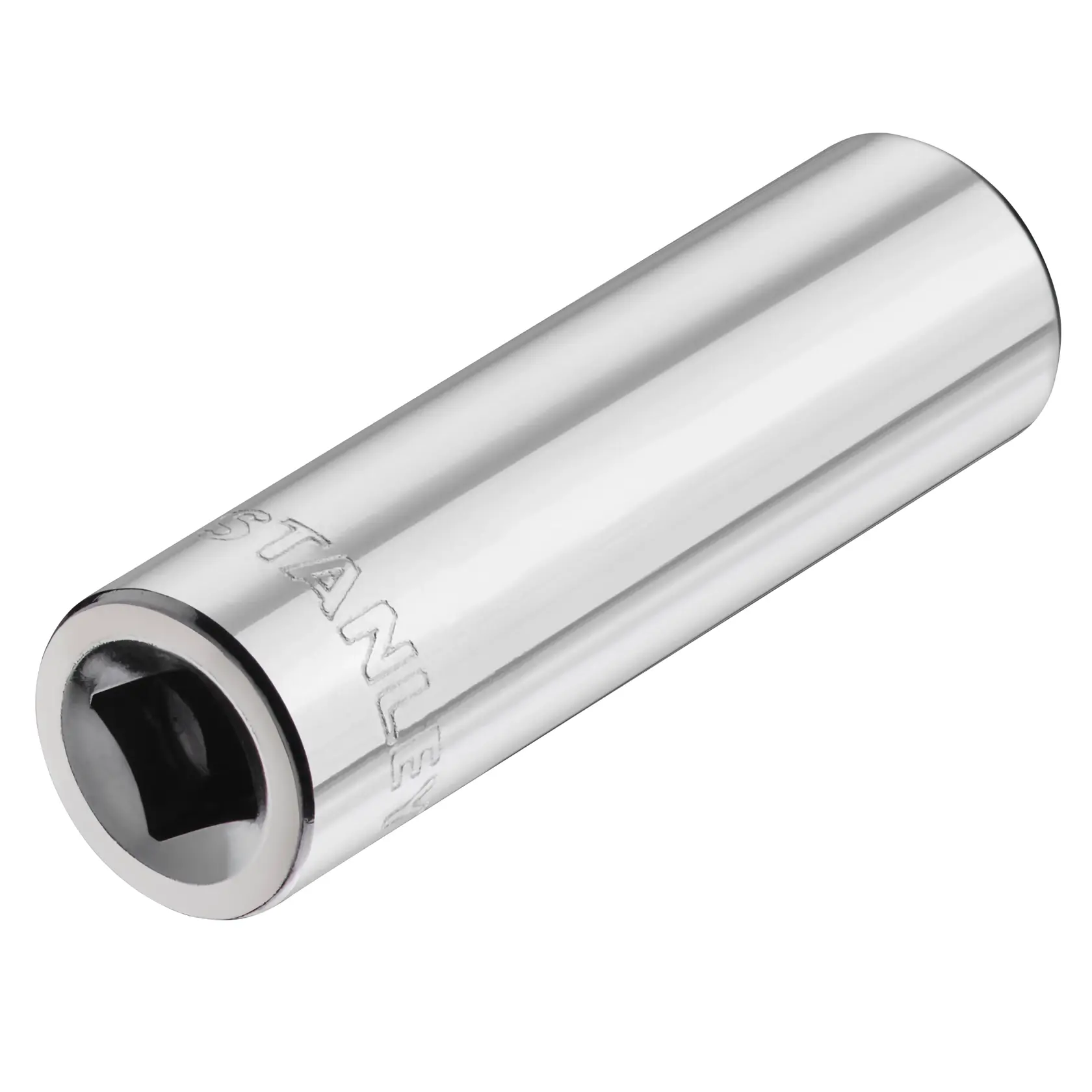 STANLEY STMT86098-0 chrome socket, cylindrical, front angled view, tool accessory on white background.