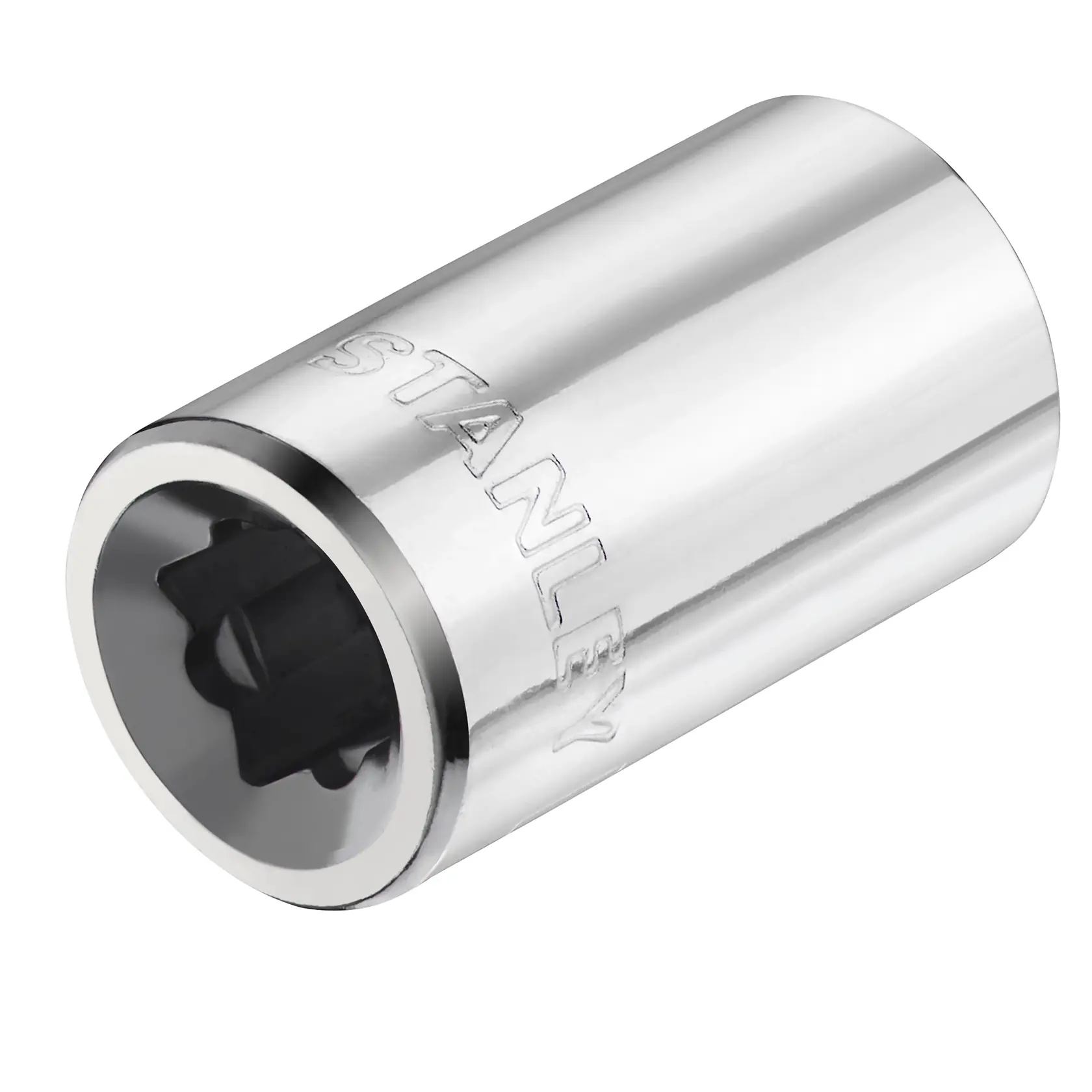 STANLEY STMT86107-0 chrome socket, close-up angled on white background, hand tool accessory.