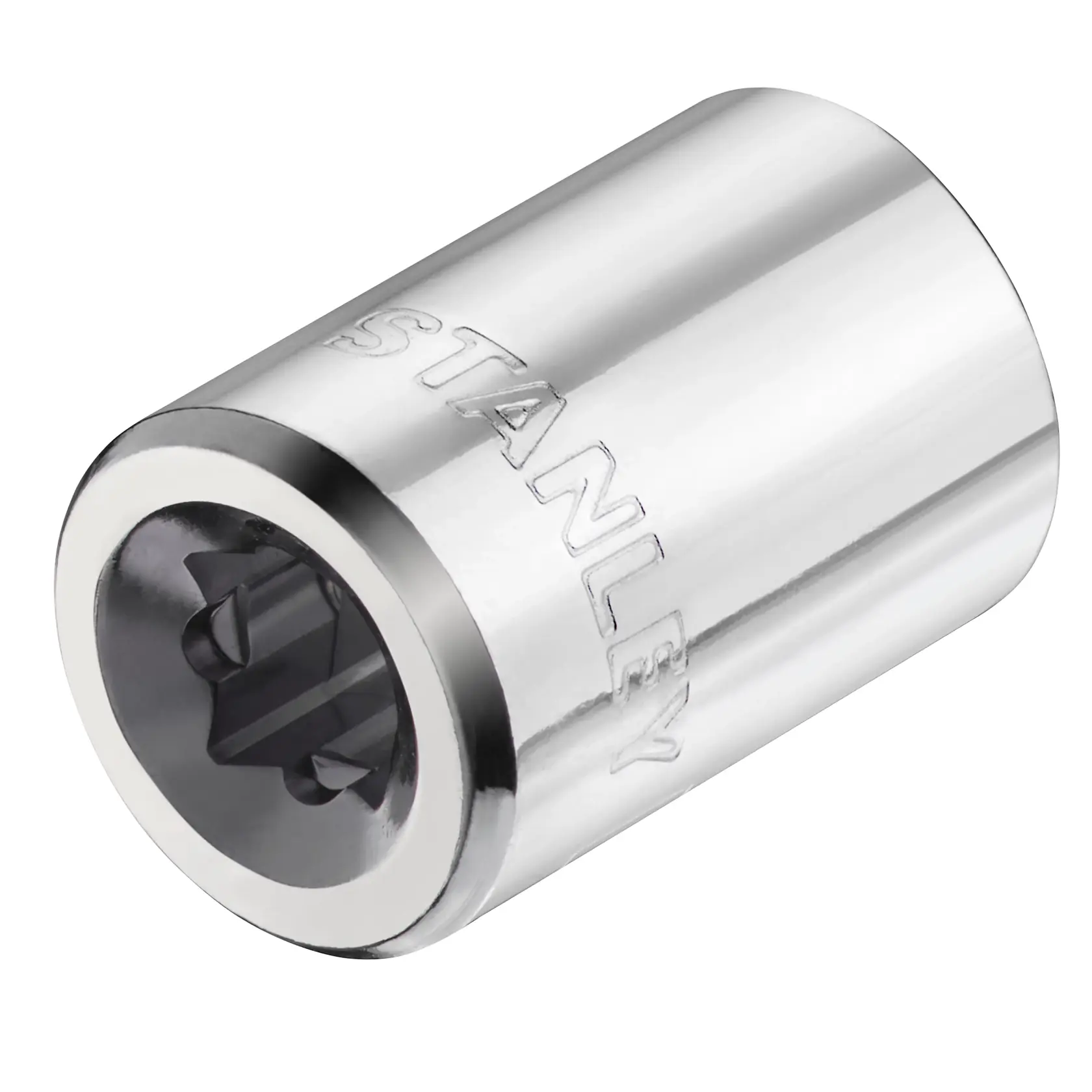 STANLEY STMT86112-0 chrome socket, close-up angle on white background, tool with engraved brand name.