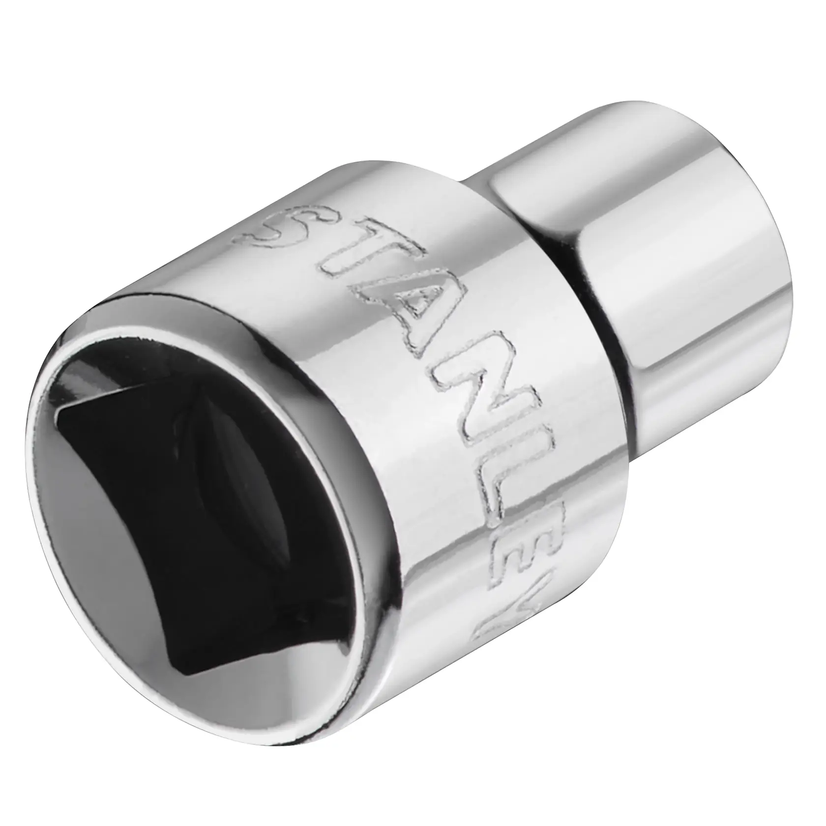Photo of STANLEY STMT86303-0 chrome socket, tool accessory, angled on white background.