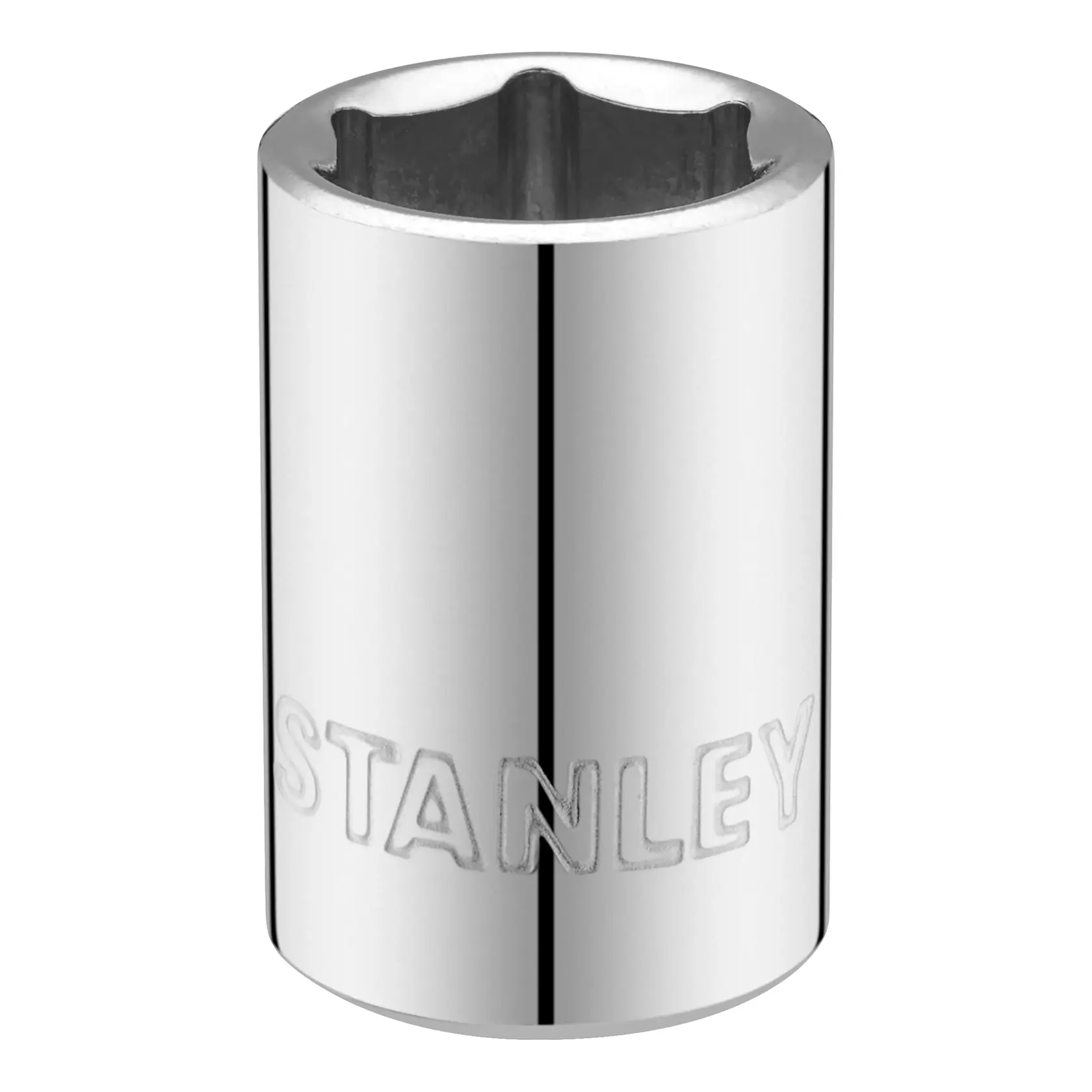 STANLEY STMT86307-0 chrome socket, front angle, hex opening, polished finish.