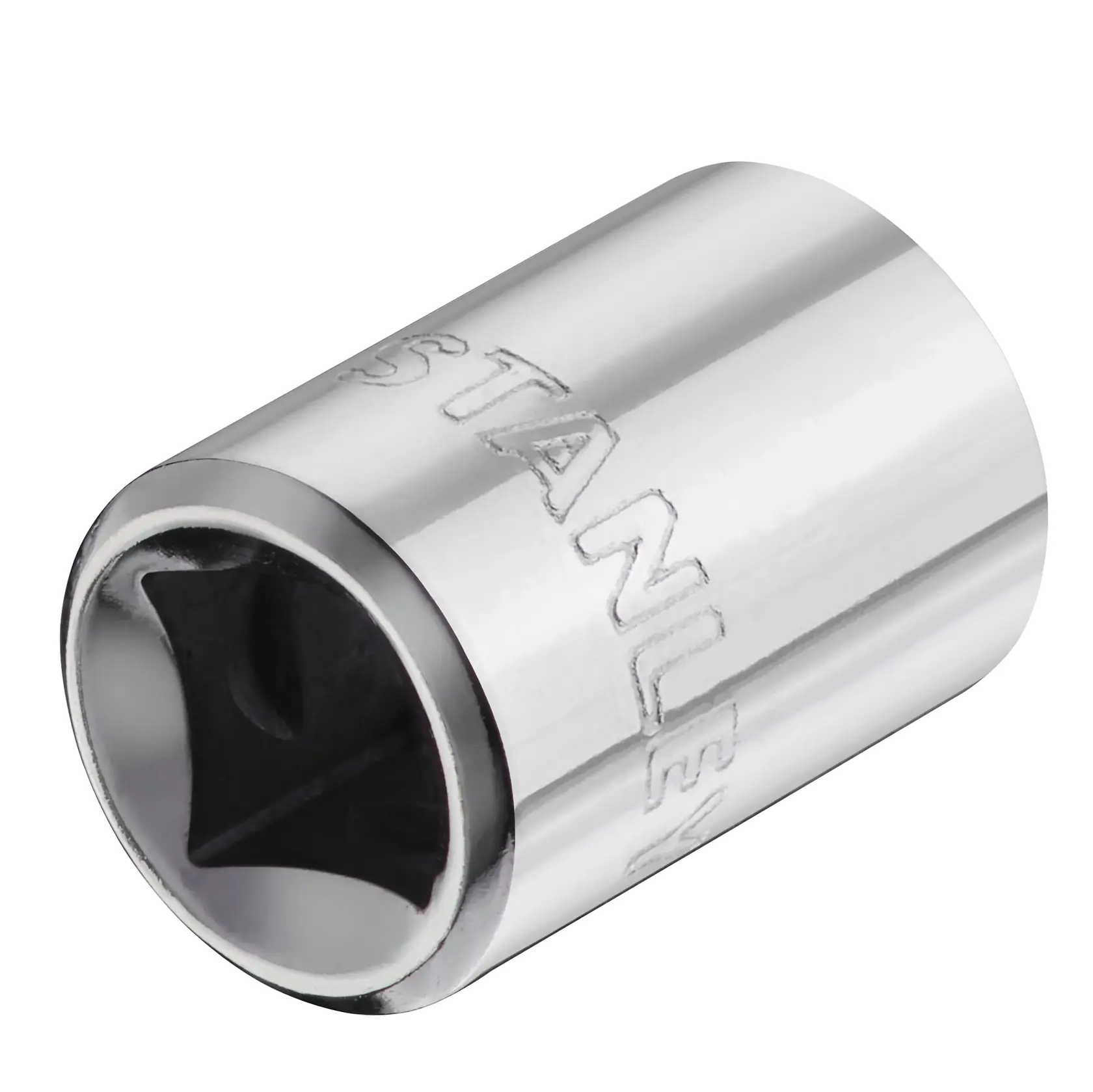 STANLEY STMT86308-0 chrome socket, close-up angle, tool accessory photography.