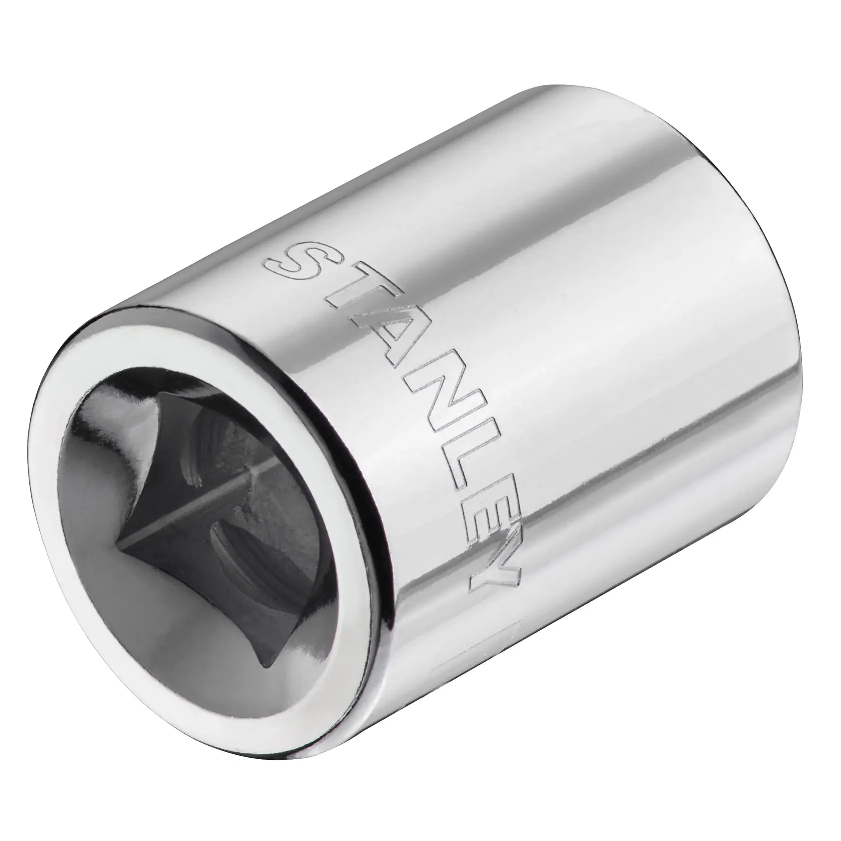 STANLEY STMT86311-0 chrome socket, side angle, polished finish, tool accessory on white background.
