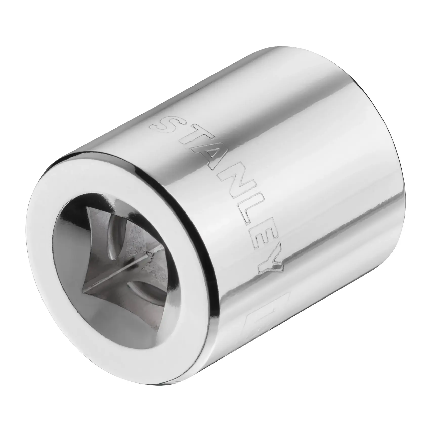STANLEY STMT86313-0 chrome socket, close-up photo, white background, tool accessory.
