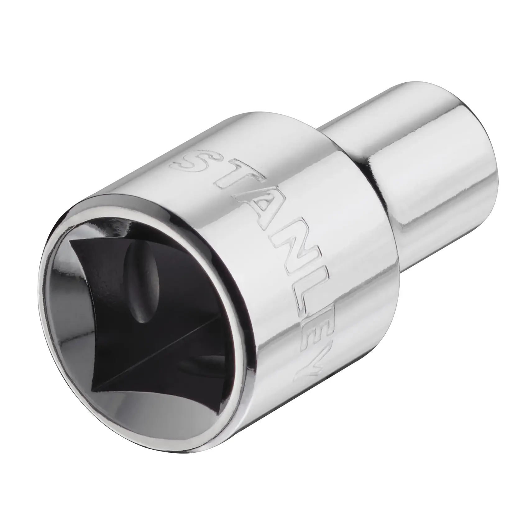 Photo of STANLEY STMT86508-0 shiny chrome socket adapter, angled view on white background.