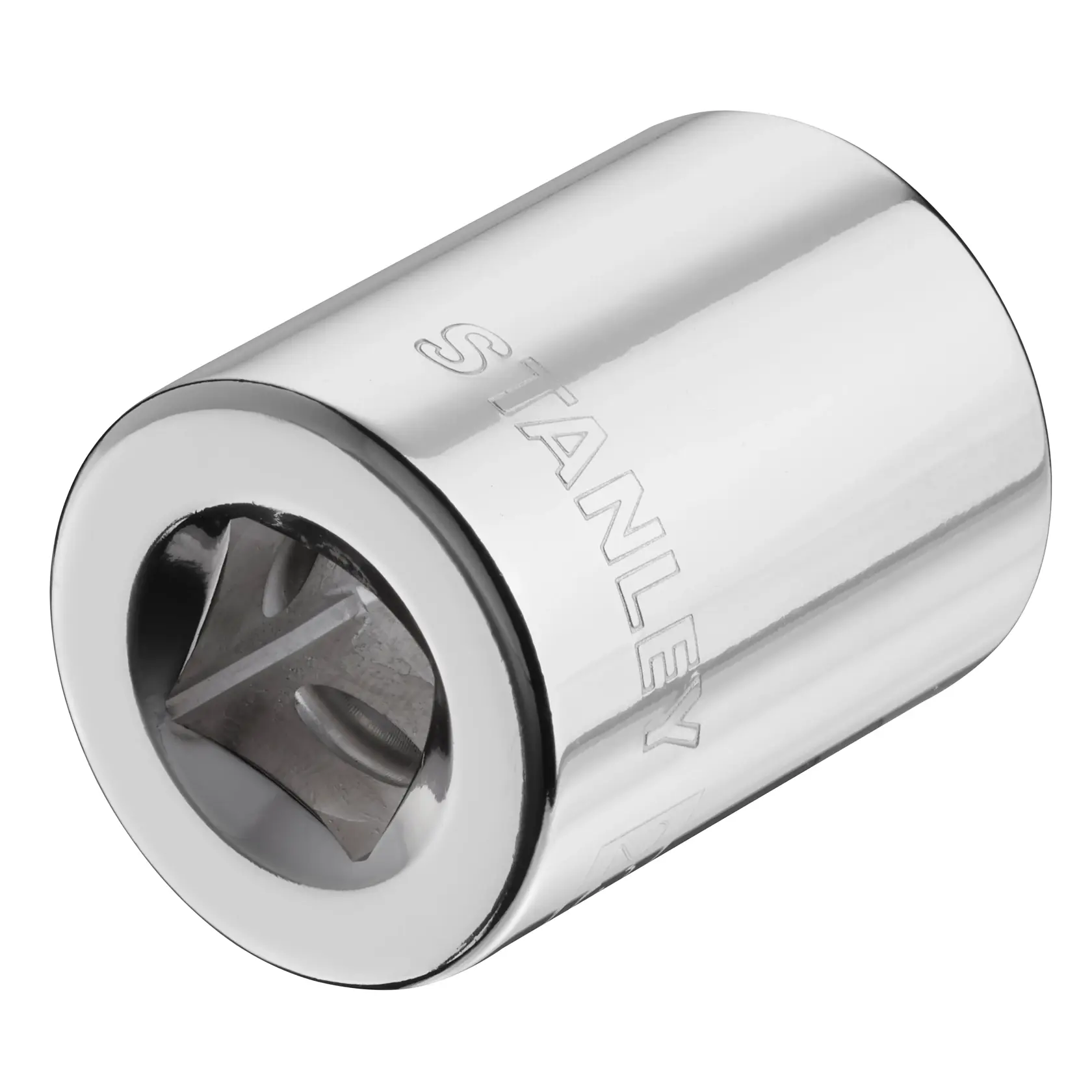 STANLEY STMT86523-0 chrome socket, angled view, shiny finish, photography for hand tool accessories.