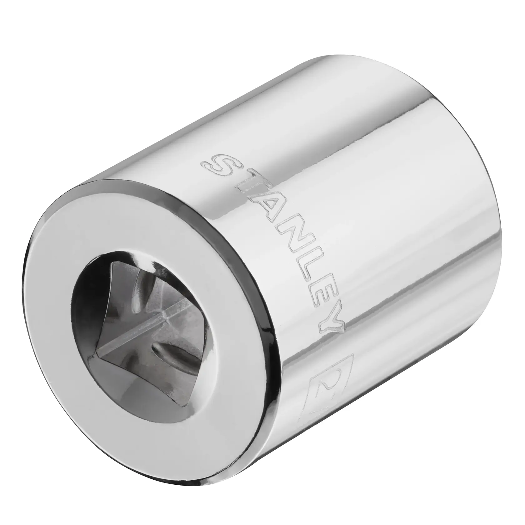 Photo of STANLEY STMT86527-0 chrome socket, close-up, showing engraved brand and square drive opening.
