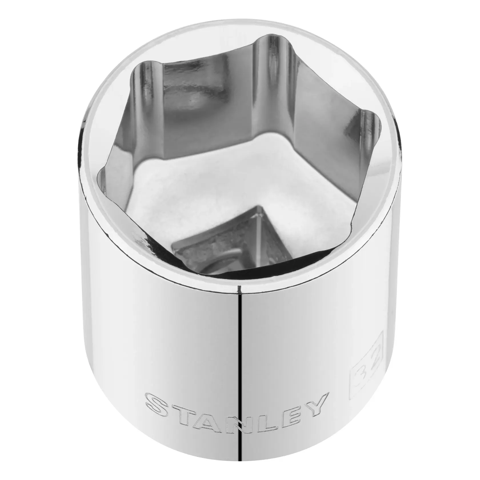 STANLEY STMT86532-0 chrome socket, top angle, shiny six-point design, hand tool accessory.