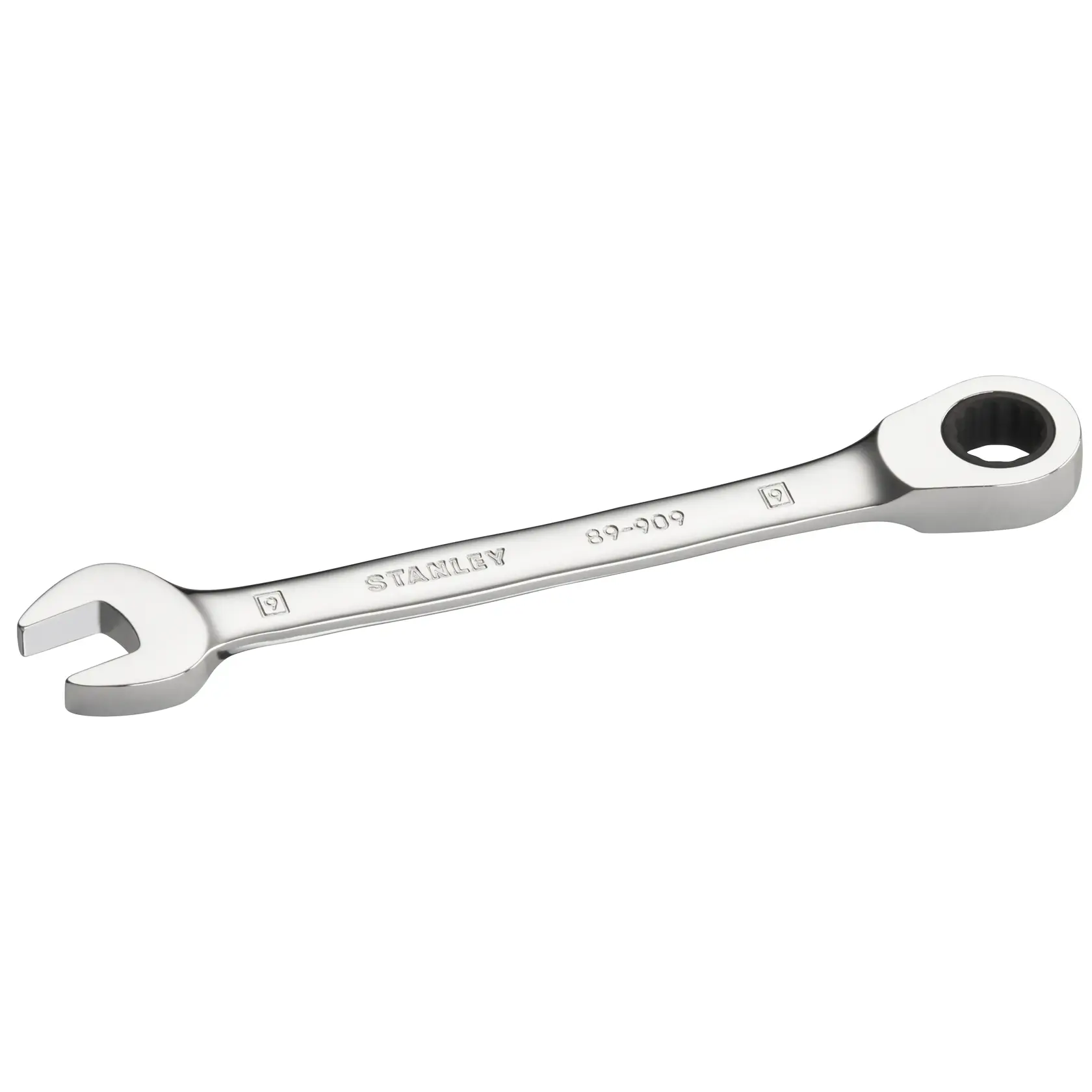 STANLEY STMT89909-0 ratcheting combination wrench, silver, side angle, for mechanics and DIY tasks.