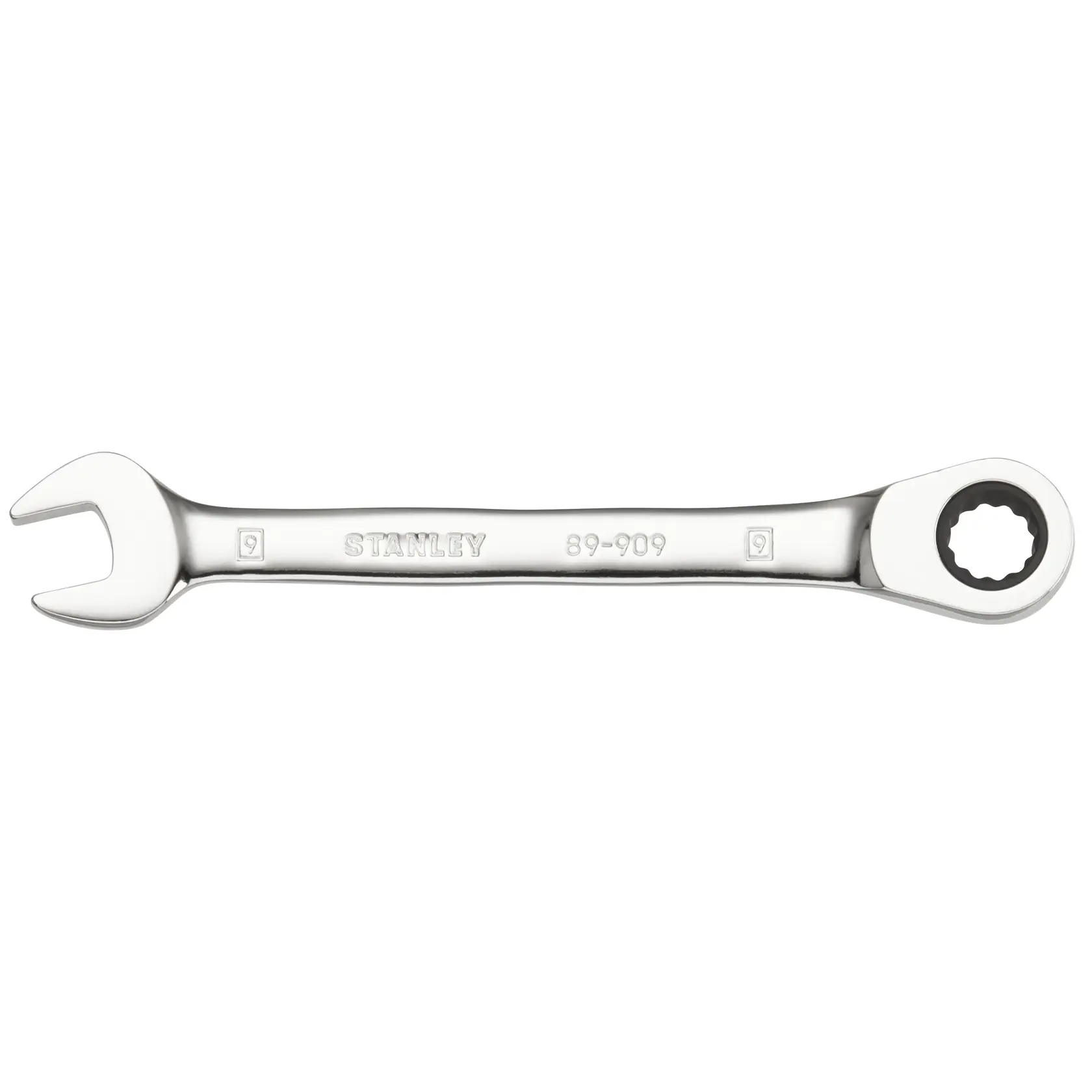 STANLEY STMT89909-0 ratcheting combination wrench, silver, side angle, photography on white background.
