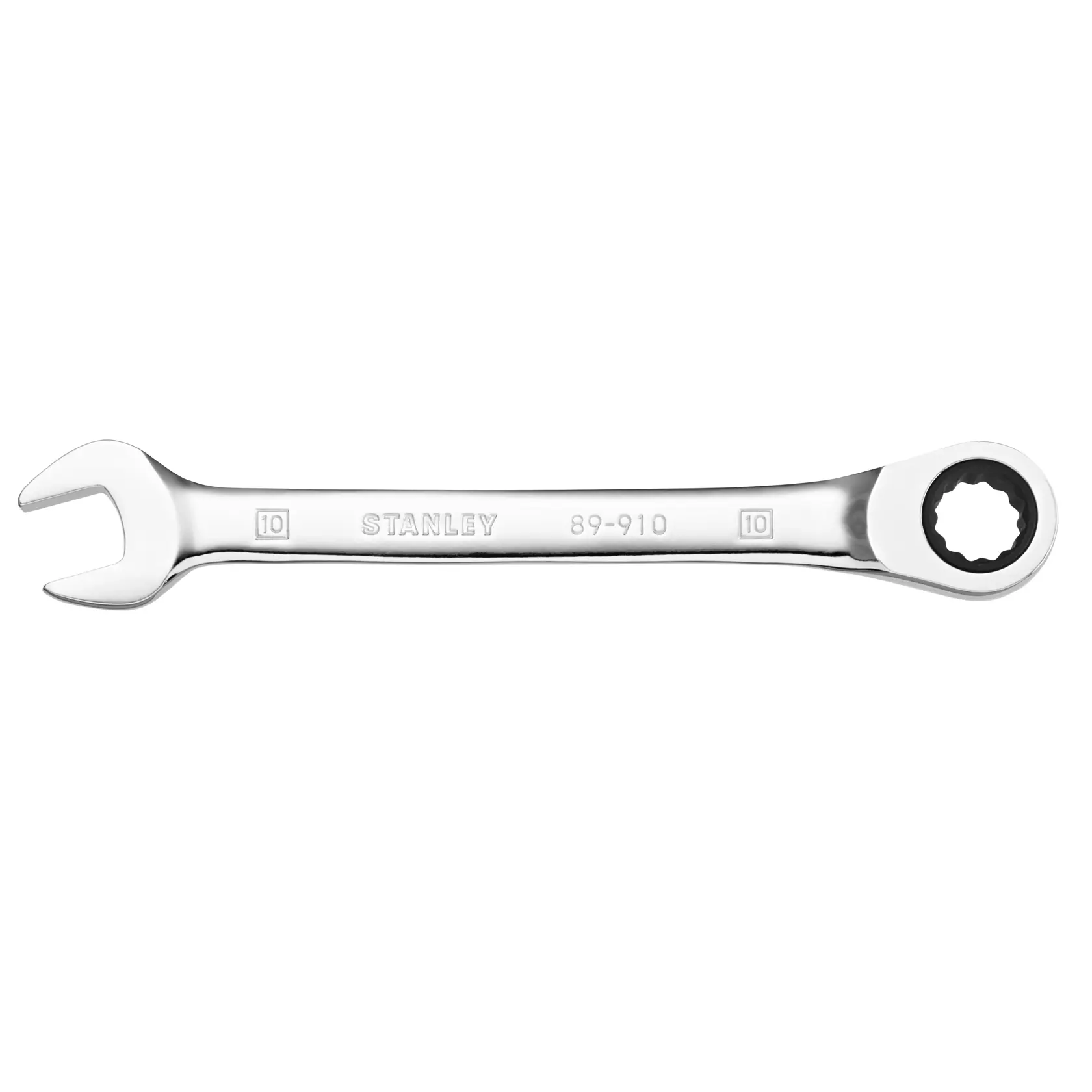 STANLEY STMT89910-0 combination ratcheting wrench, silver finish, front angle, size 10mm.
