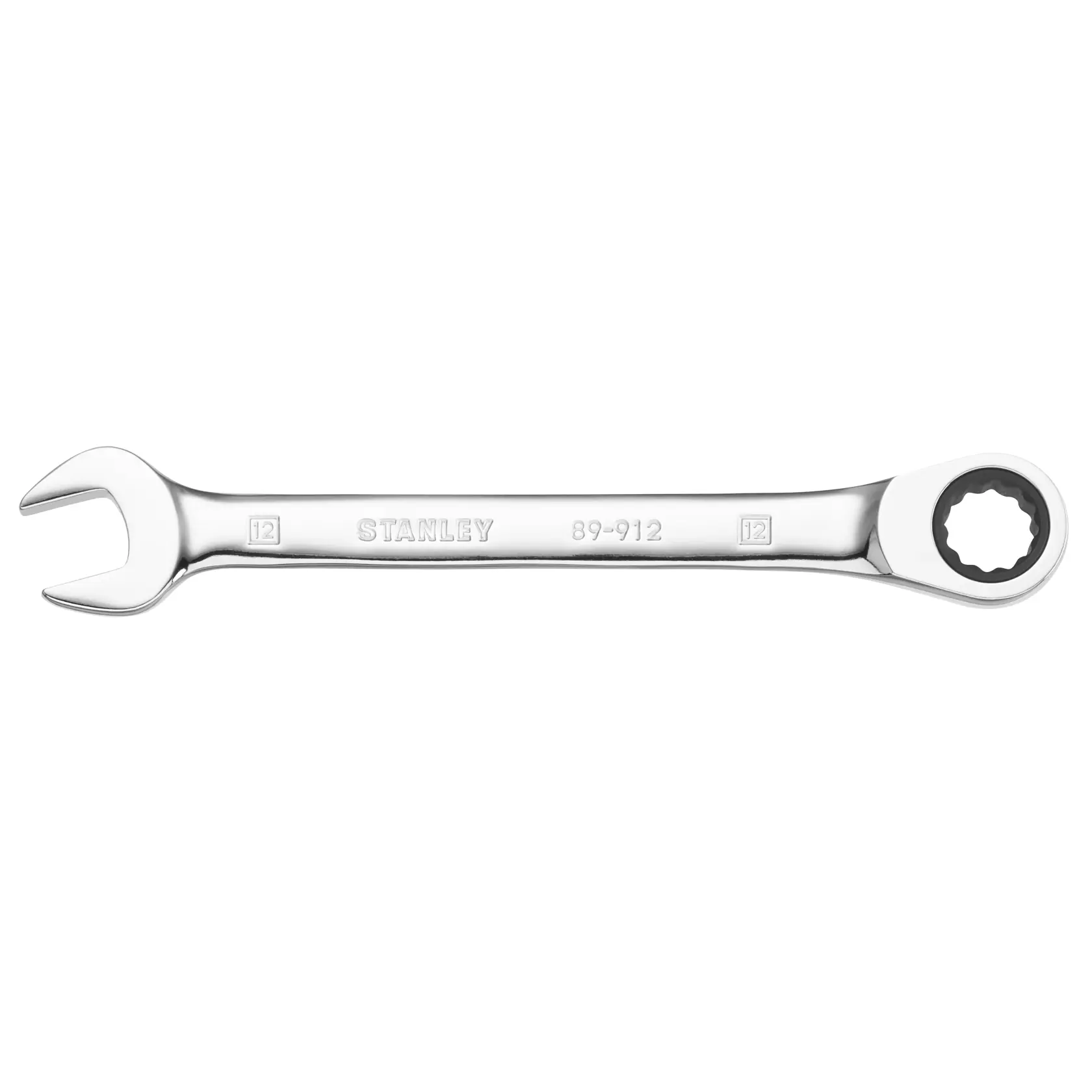 STANLEY STMT89912-0 ratcheting combination wrench, chrome finish, front angle, hand tool category.