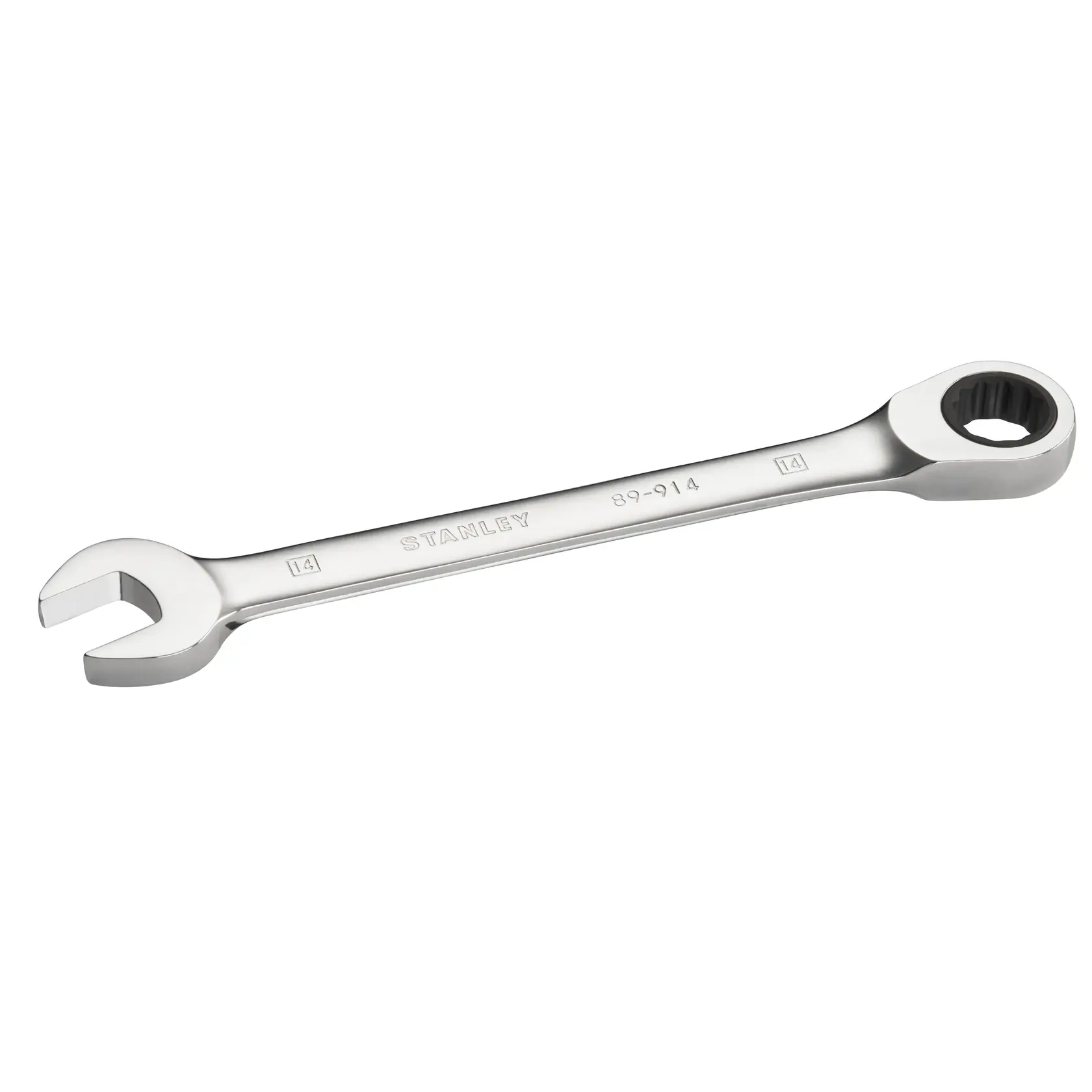 STANLEY STMT89914-0 wrench, one open end and one ratcheting box end, silver, white background, side view.