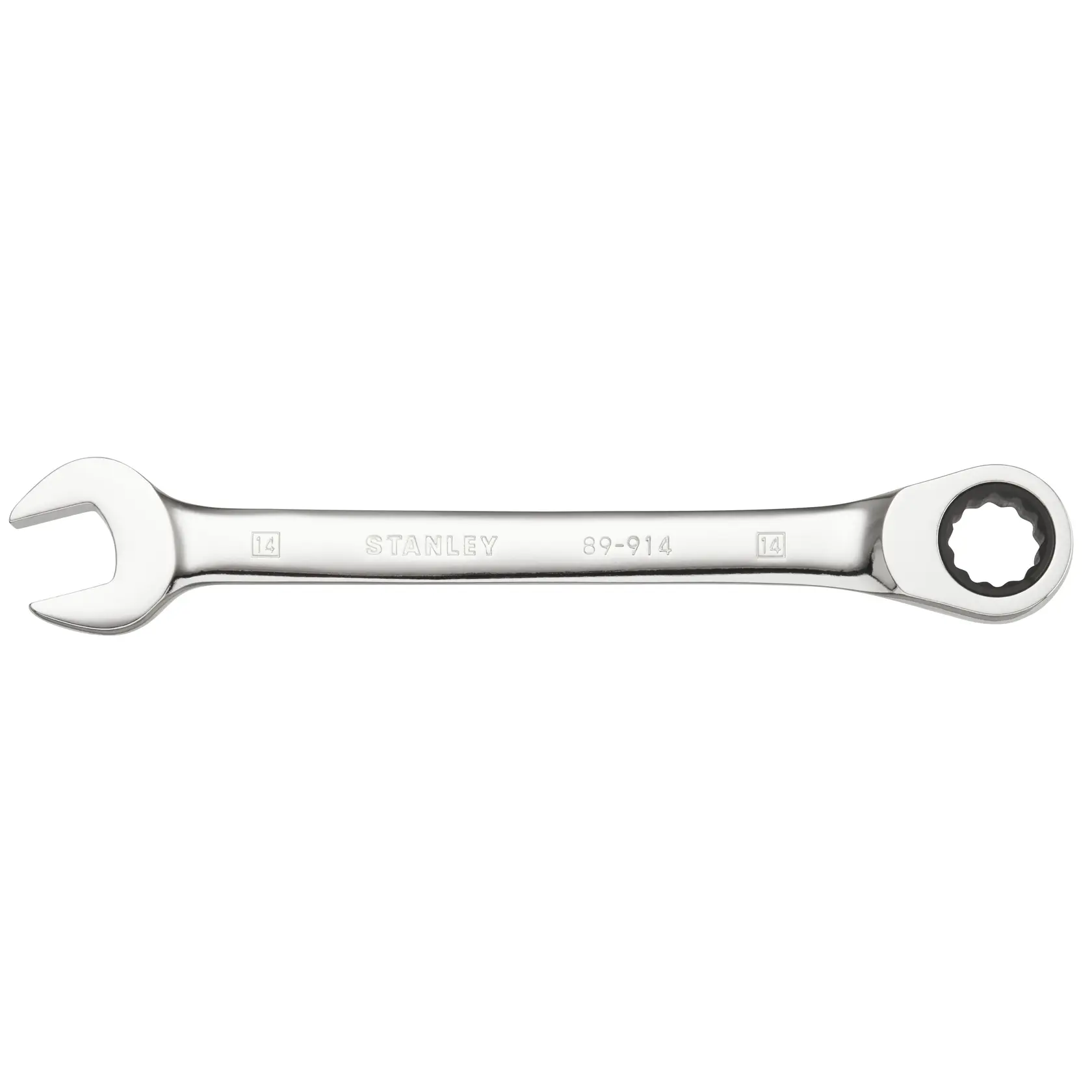 STANLEY STMT89914-0 combination wrench, silver finish, photography, side angle on white background.