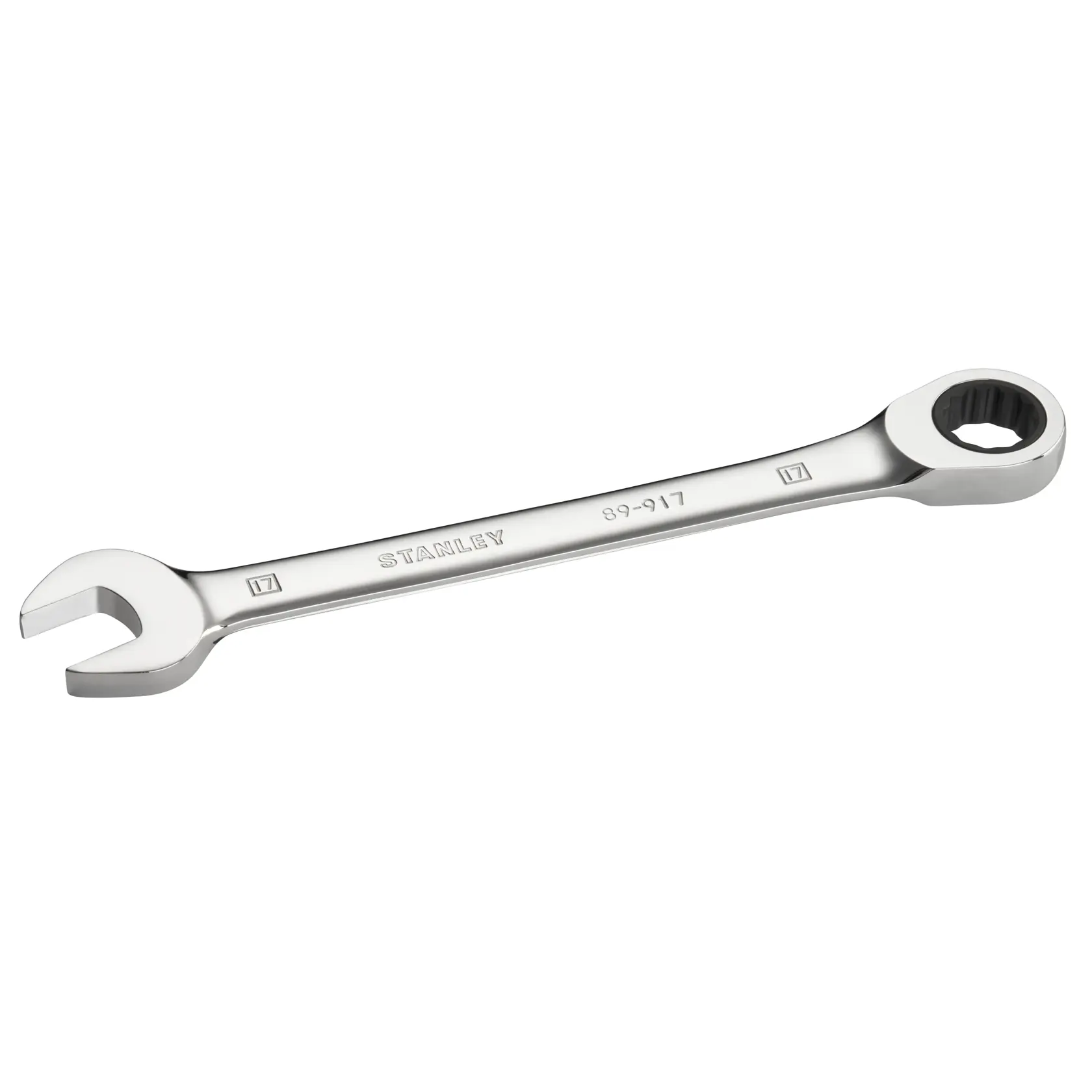 Photo of STANLEY STMT89917-0 combination wrench, chrome finish, showing open and ring ends, angled on white background.