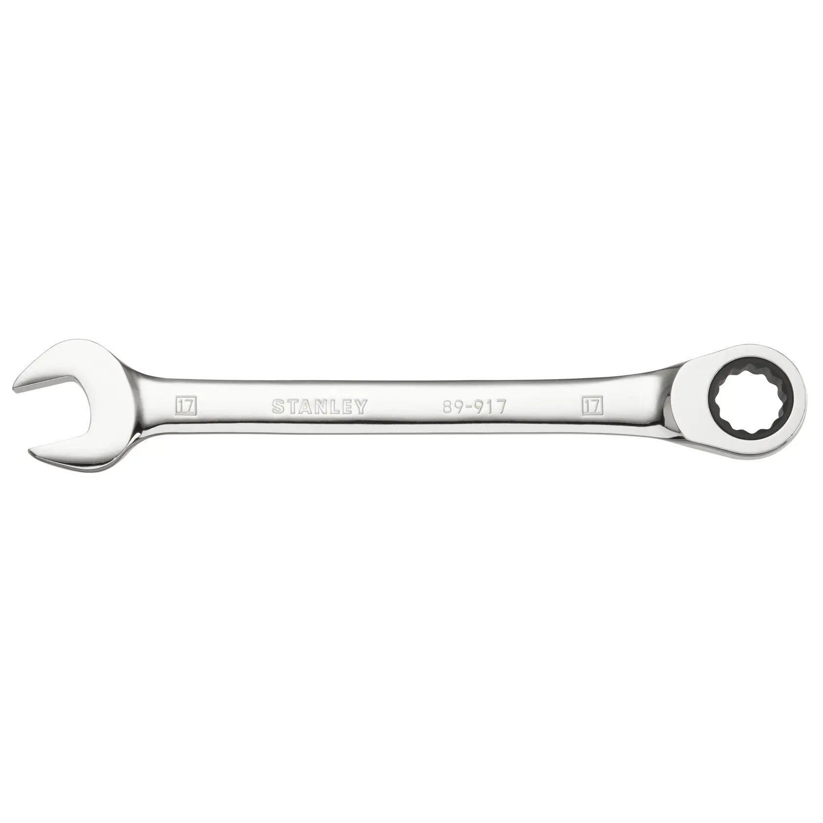 STANLEY STMT89917-0 combination ratcheting wrench, silver, front angle on white background.