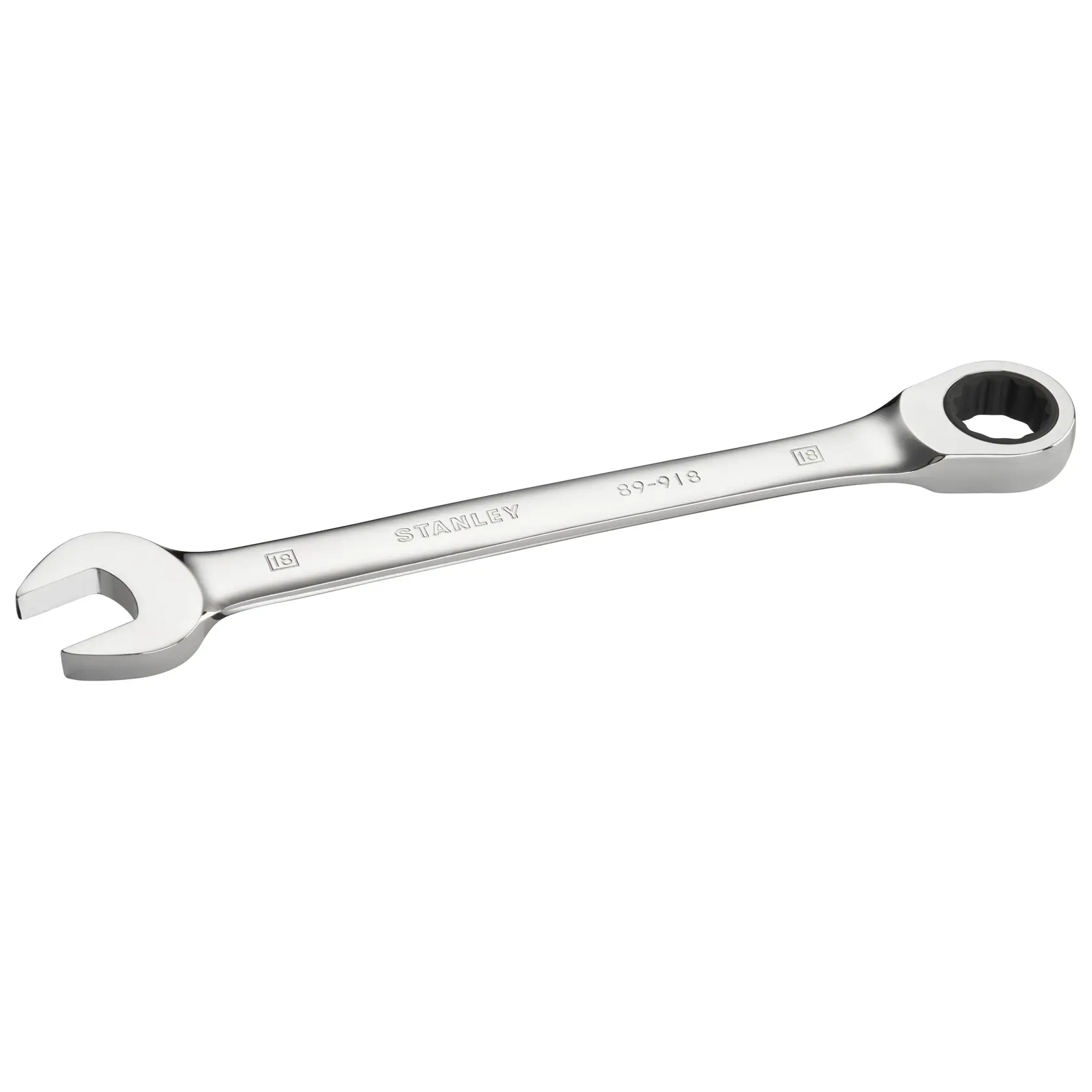 STANLEY STMT89918-0 silver combination wrench, front angle, open-end and box-end tool on white background.